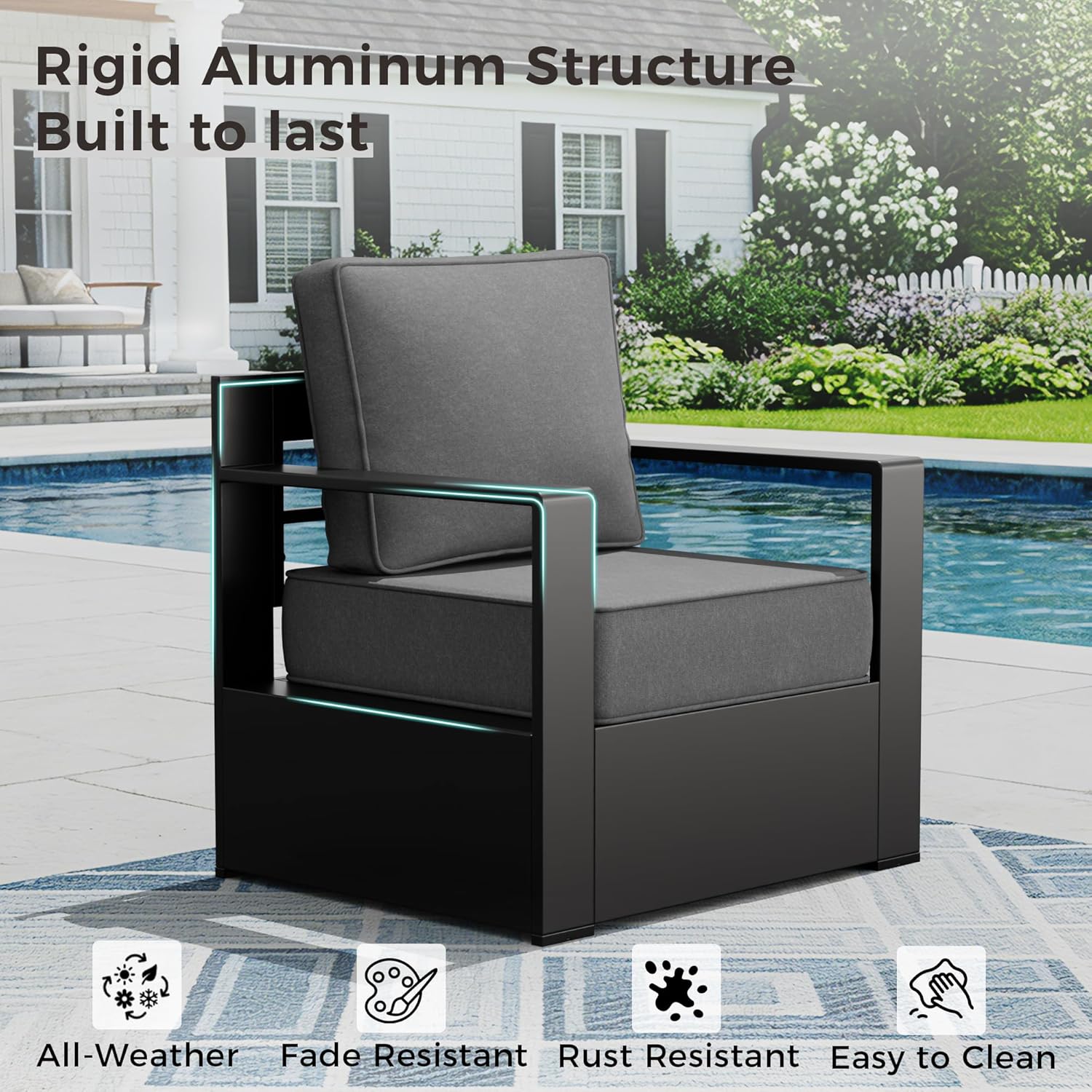 Outdoor Patio Furniture Aluminum Patio Sofa, All-Weather Metal Outdoor Couch with 6 Inch Thick Cushions for Garden, Outside and Porch (Grey, 1 PCS/Sofa)