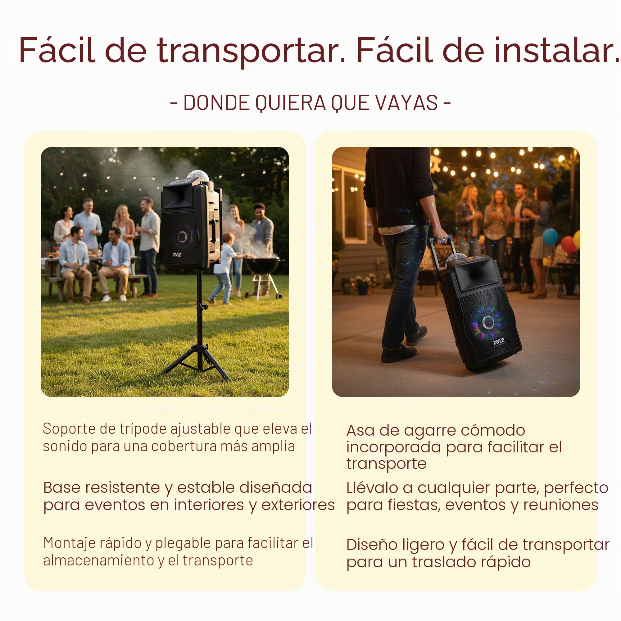Pyle Sistema de Altavoces, PA, 700W, Bluetooth, microfono, portatil, Recargable, Interiores, Exteriores, función de grabación, micrófono, Luces de Fiesta, Radio USB/SD, Color Negro