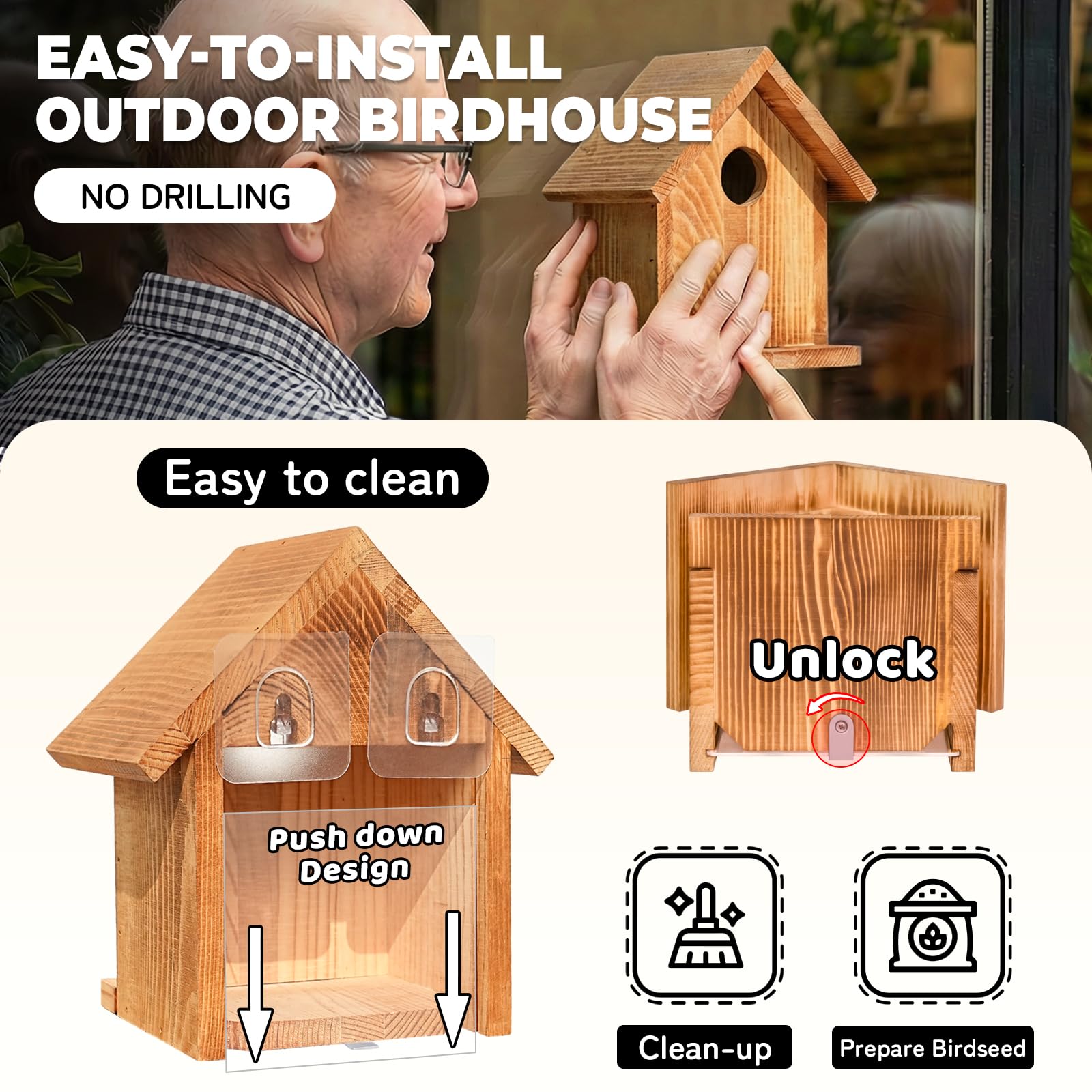 Casas para pájaros con Ventana para Exteriores con 2 Ganchos potentes, casa de pájaros Transparente para Ver el Interior, Casas de pájaros de Madera para Pintar al Aire Libre, Caja de anidación de