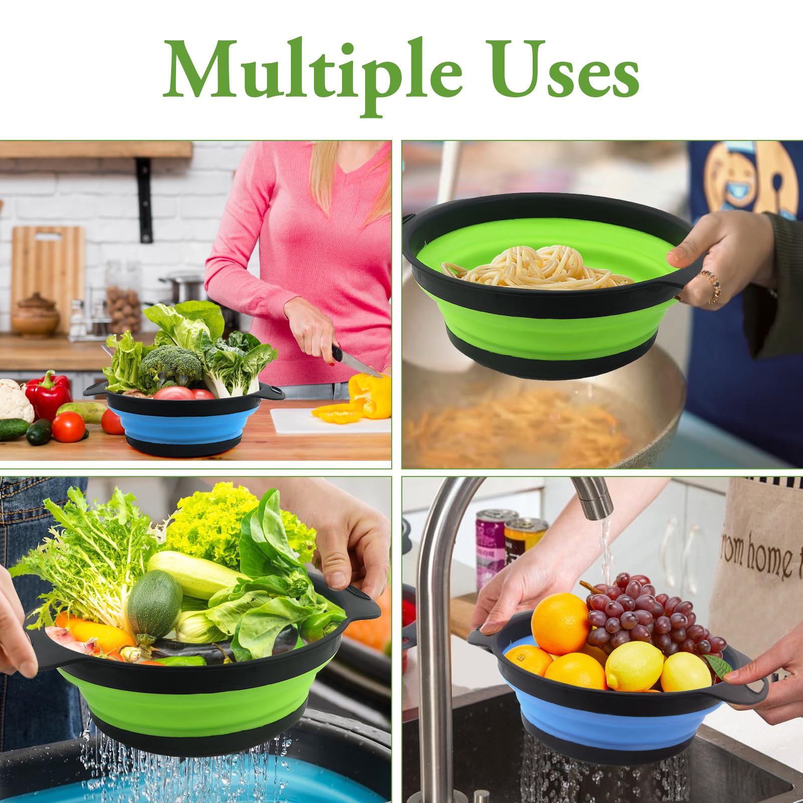 Set 2 Pezzi Grande Scolapasta in Silicone Pieghevole, Blu e Verde, Cucina Pieghevole sopra Il Lavandino del Silicone Colander/Setacci, Lavabili in Lavastoviglie(28.5CM)