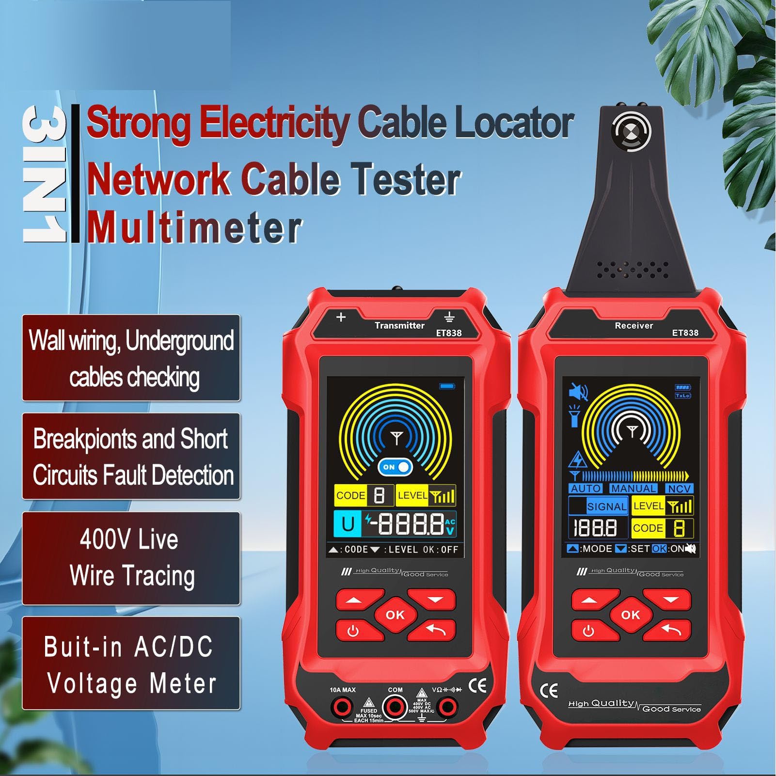 Luocute Localizzatore di Cavi Sotterranei ET838, 125kHz | Tracciatore di cavi di segnale a 4 livelli con multimetro, rilevatore di tensione NCV per la ricerca di interruttori,