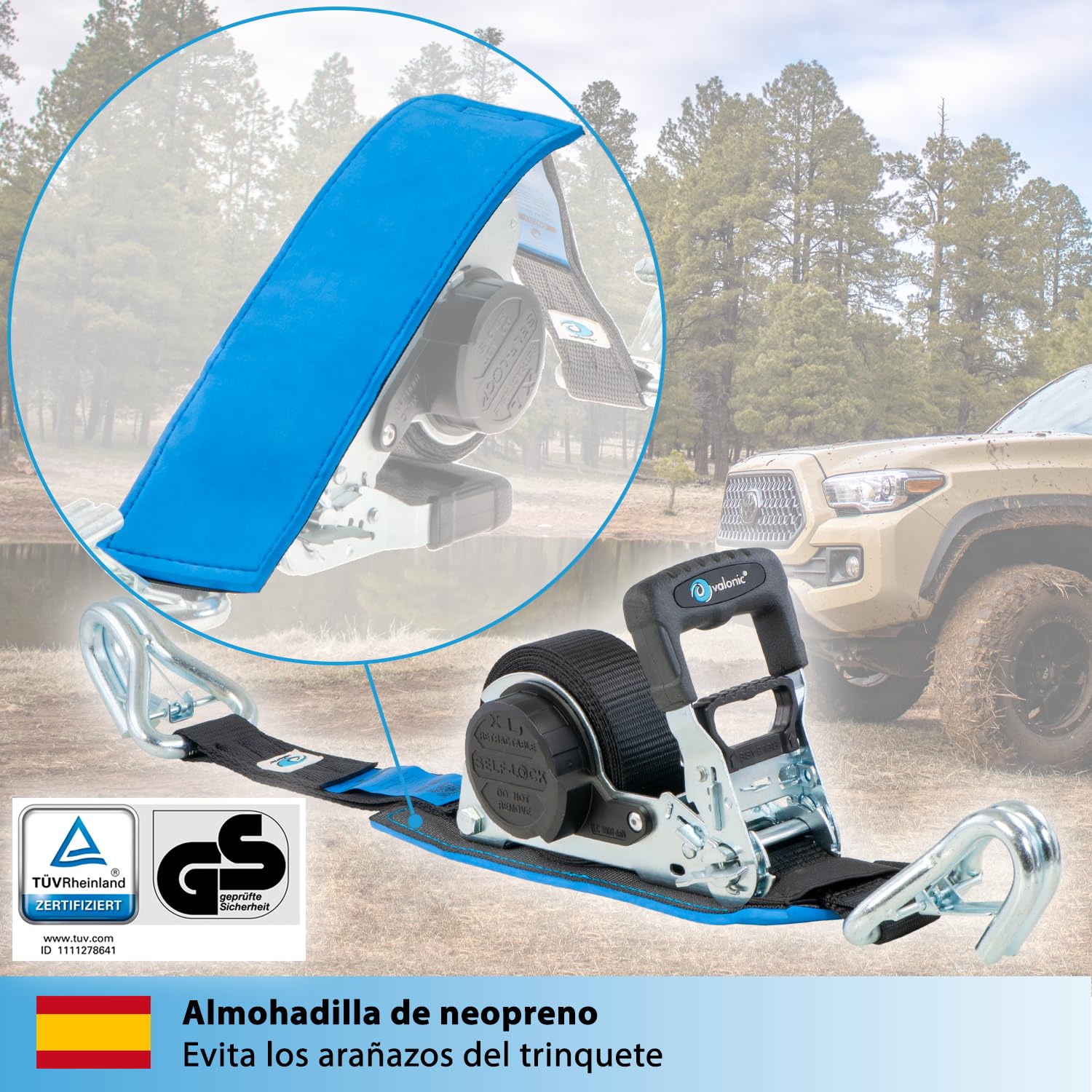 valonic Grizzly - 2X 5m XXL Cinchas de Amarre automáticas con mosquetón, 35mm, 800/1600 KG, Acolchadas, Certificado TÜV Rheinl. & GS, EN-12195-2 - con trinquete, Negro