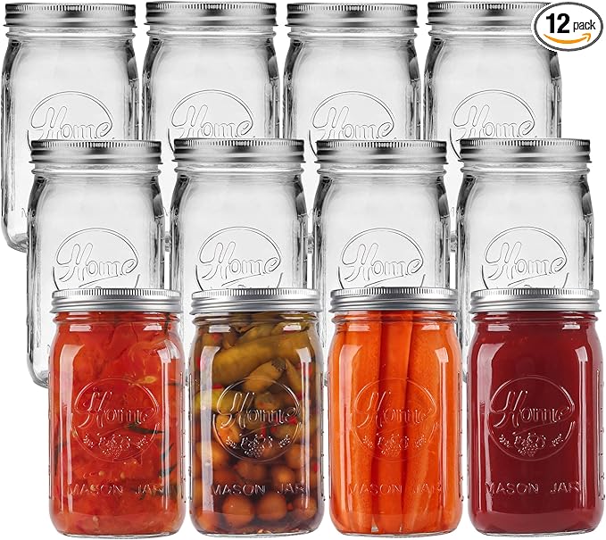 12 Pack Wide Mouth Mason Jars 32 oz - Heavy Duty Glass Quart Mason Jars With Airtight Lids, Large Mason Jars for Pickling, Canning, Food Storage, Meal Prep and Fermenting, Leak Proof
