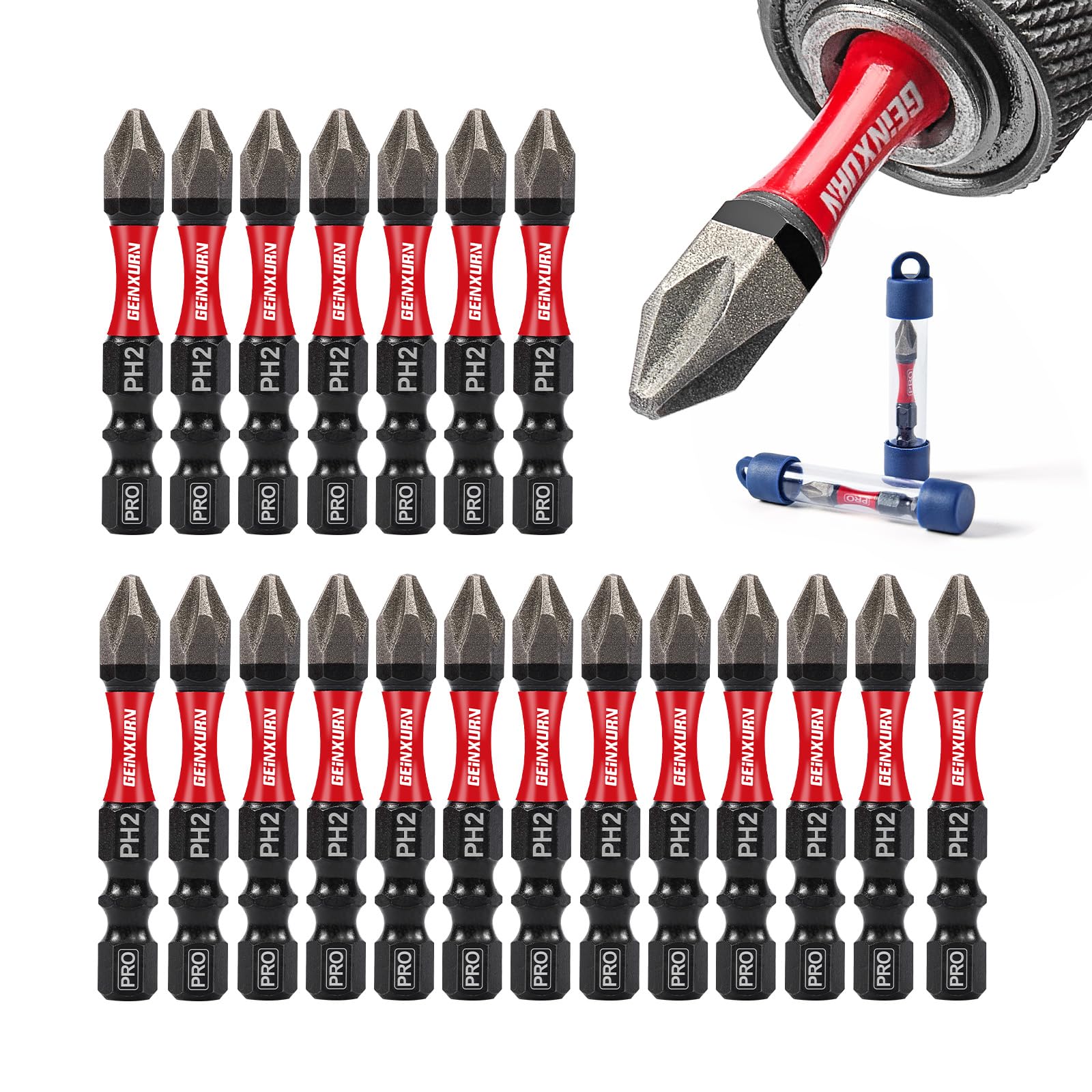 Geinxurn 20Pcs Diamond Coated Impact Screwdriver Bit Set, 2 Inches #2 Phillips Power Driver Bits, Magnetic S2 Steel PH2 Screwdriver Bits Set with