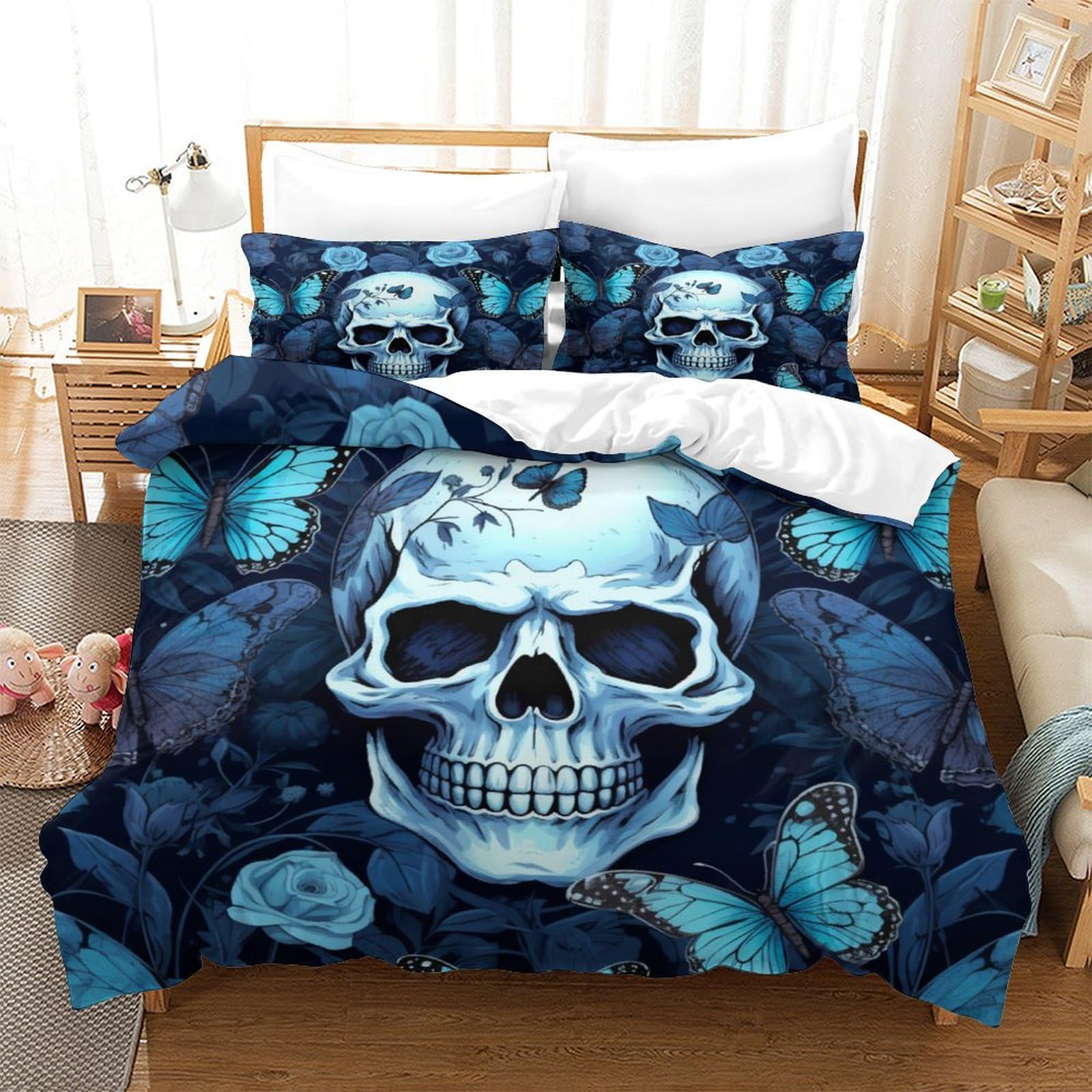 P1S9U7W5Y 3D Printed Blue Skull Butterfly Duvet Cover Set 3pcs Microfiber Skull Bedding Set Double