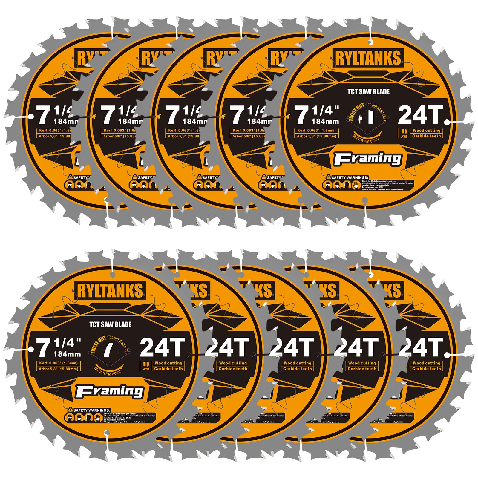 7-1/4 Inch Circular Saw Blade, 24T for Framing with 5/8" Arbor, Fast Wood Cutting, 10-Pack