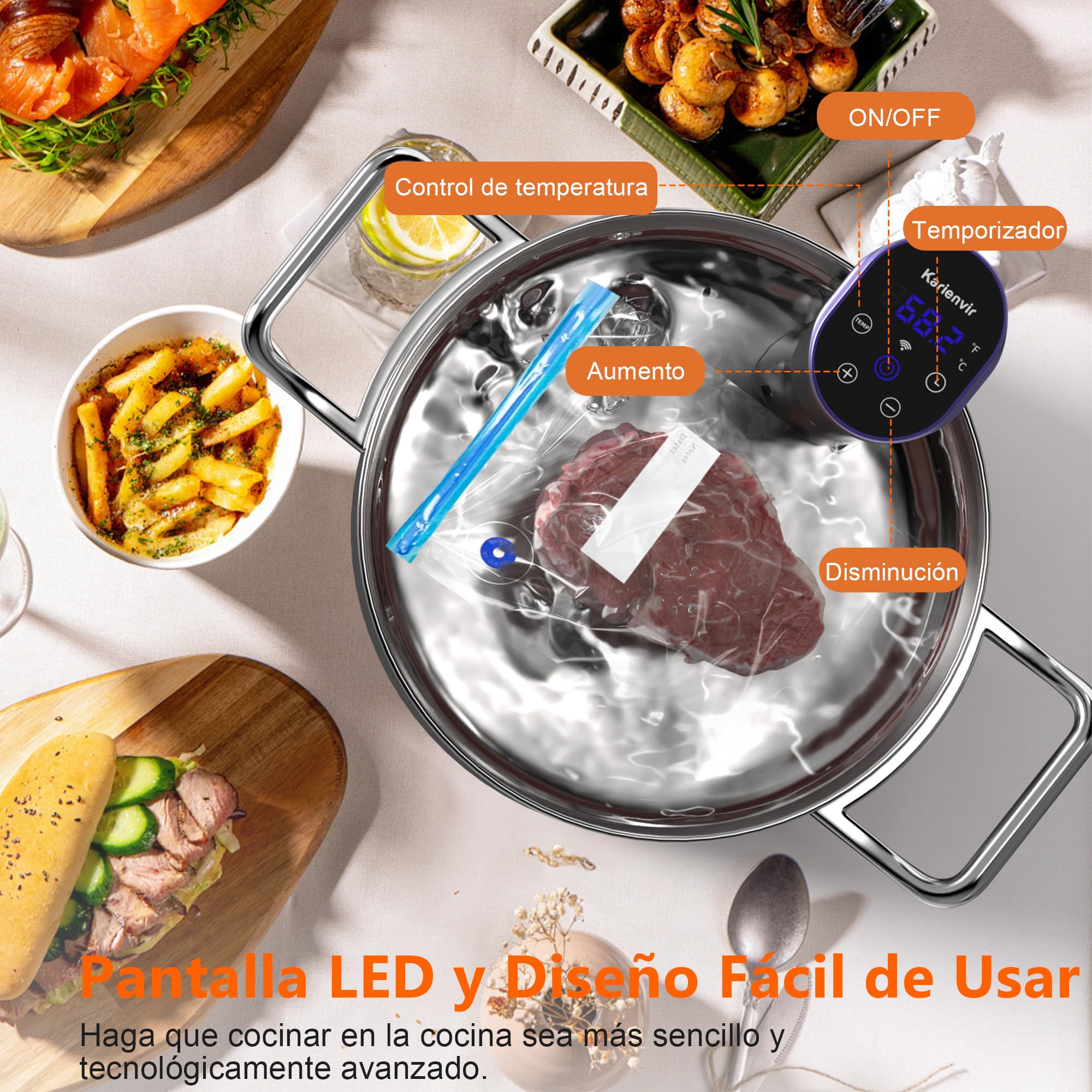 Sous Vide Roner WI-FI 1100W, Circuladores Control de Temperatura de Precisión, Pantalla LED, Función de Temporizador, Inmersión a Prueba de Agua IPX7