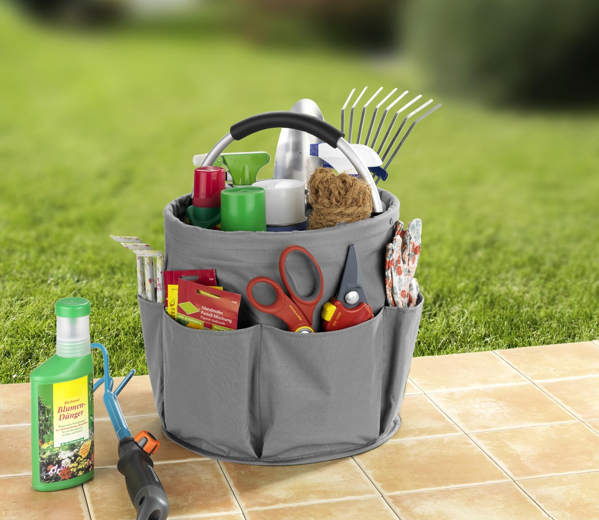 WENKO Organizer universale per la pulizia della casa e del giardino con 6 scomparti per elettrodomestici, attrezzi, utensili per la pulizia, Ø 28 x 26,5 cm, antracite