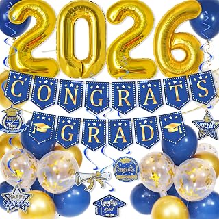 Graduation Decorations 2026, Blue and Gold Class of 2026 Decorations with Congrats Grad Banner and Hanging Swirls, 2026 Foil Number Balloons for Graduation Party