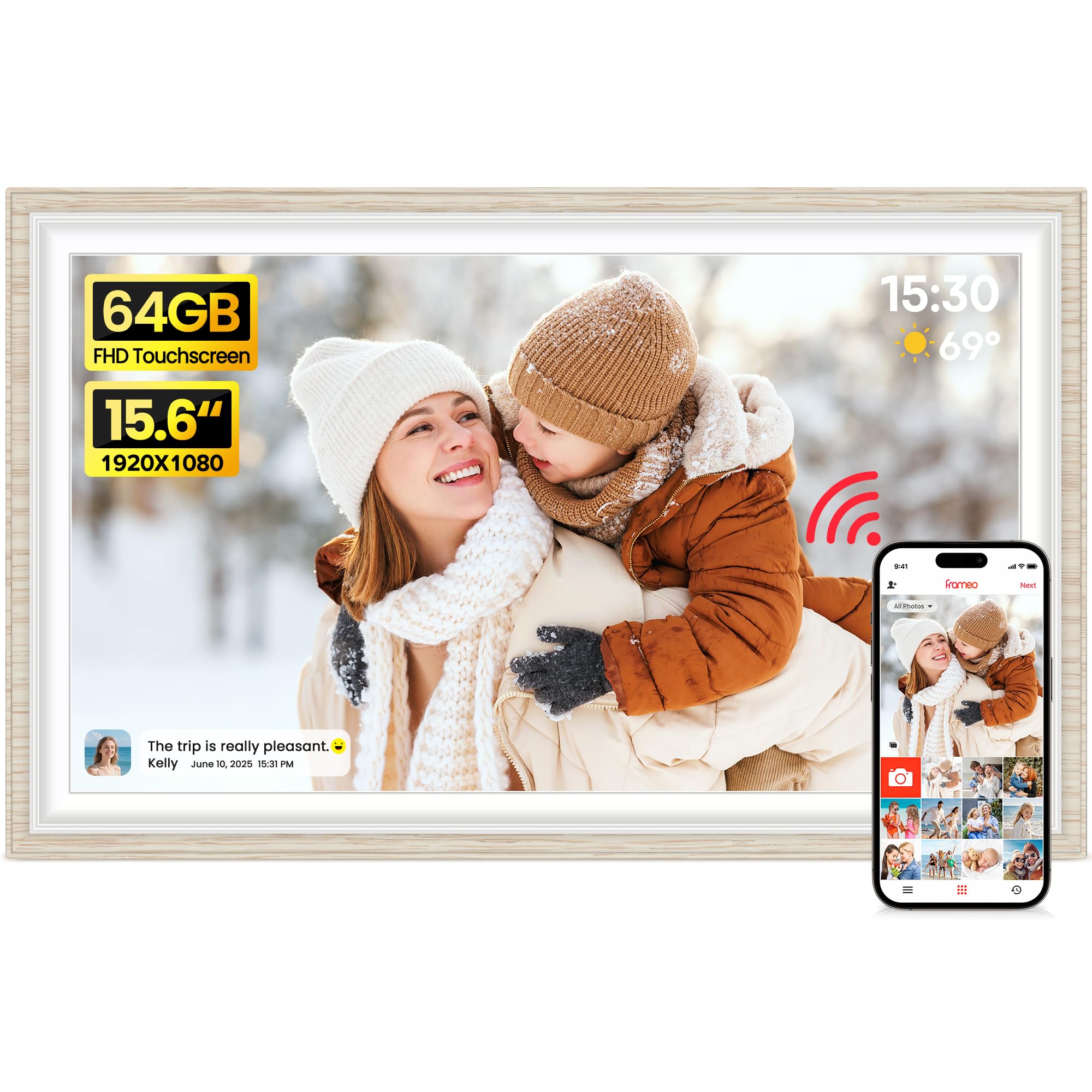 Photo 1 of 64GB Frameo 15.6" Digital Picture Frame Large 1920 x 1080 IPS FHD Touch Screen WiFi Electronic Photo Frames Share Moments Instantly Anywhere Best Gifts for Parents and Grandparents White Wood