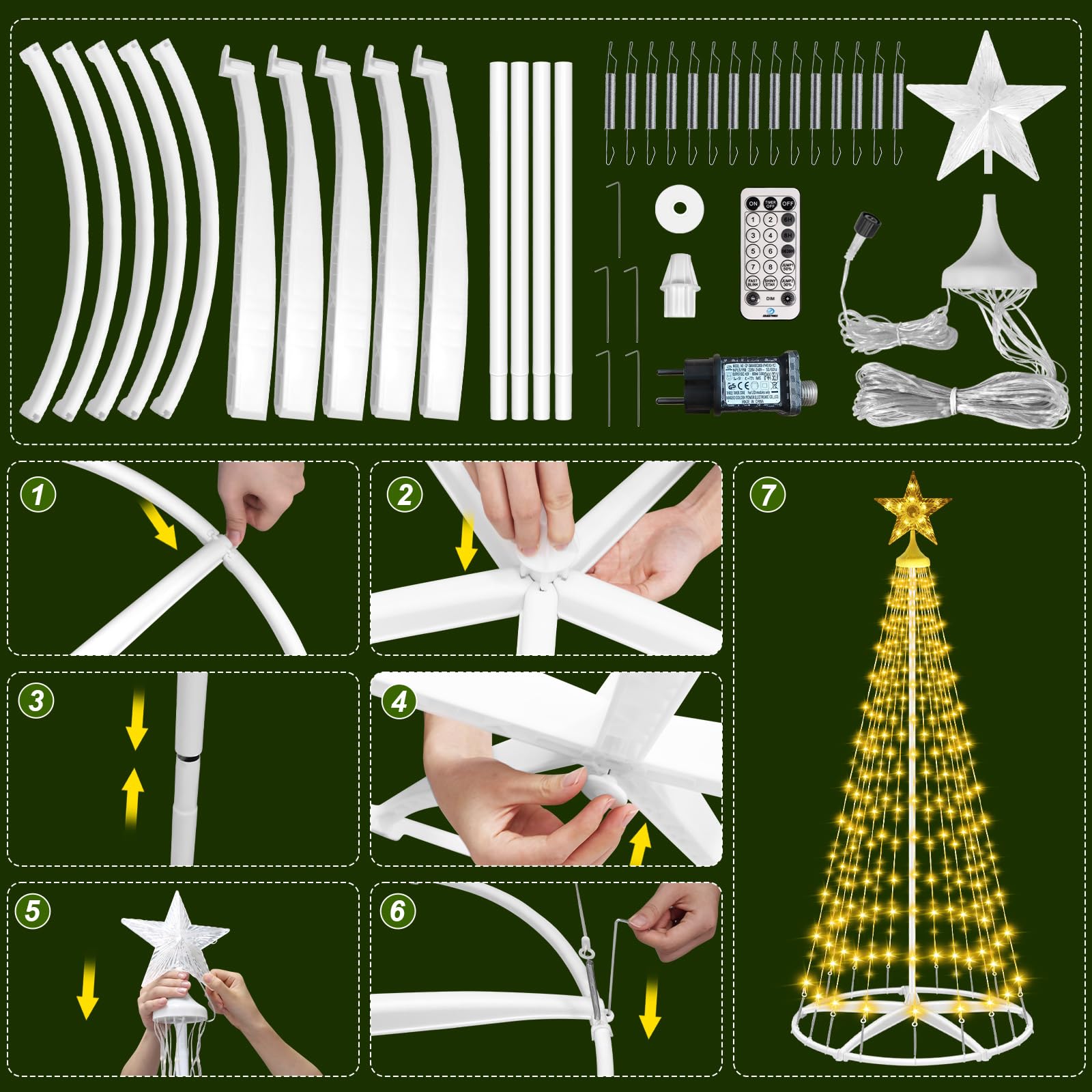 HELESIN 1,8 M, Luces de árbol de Navidad con Estrella, 250 Luces LED RGB para Exterior e Interior, 12 Modos, Decoraciones navideñas para Jardines Exteriores, Blanco Cálido