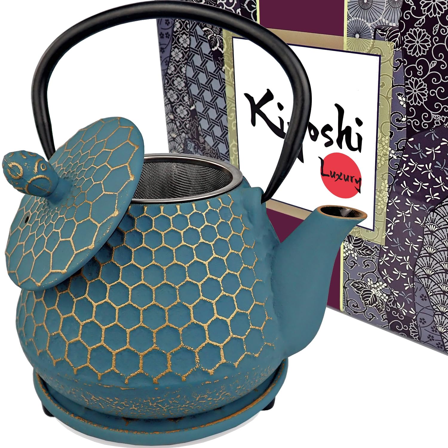 KIYOSHI Luxury3 Piece Set Cast Iron Teapot with Trivet and Loose Leaf Tea Infuser, Large Capacity 34Oz - 1000ml, Cast Iron Tea Kettle Stovetop Safe. Coated with Enamel Interior - Blue Teapot