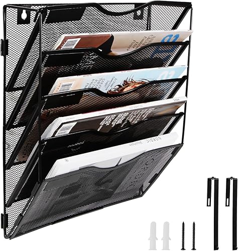 Soporte de 5 bolsillos para archivar de pared, organizador de carpetas de archivos colgantes de malla, puerta desmontablerevistero de documentos de