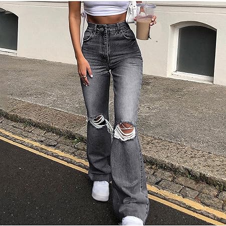 Focisa Jeans Donna Pantaloni Jeans da Donna Strappati Grigi A Zampa di  Elefante Pantaloni Larghi A Gamba Larga in Denim Blu Sfilacciato Pantaloni  Vintage A Vita Alta Tagliat : Amazon.it: Abbigliamento