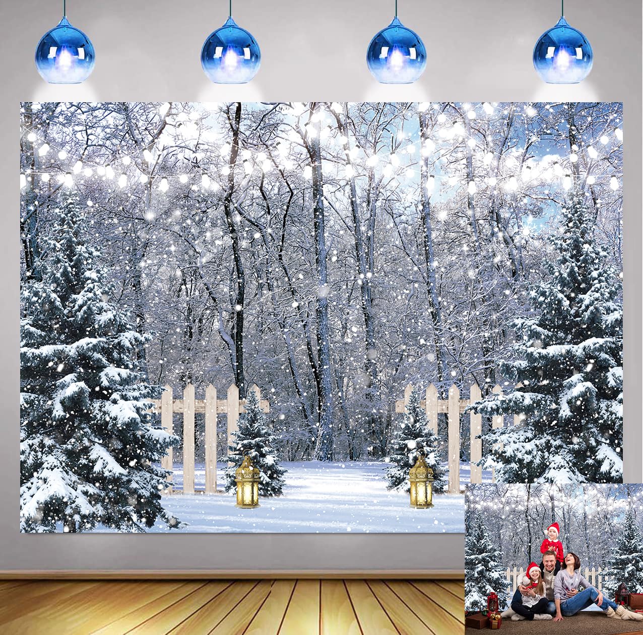 Toile De Fond Vinyle 2,2x1,5m - Paysage Forêt D'Hiver Enneigée Avec Montagnes Et Coucher De Soleil - Décoration Noël, Photomaton