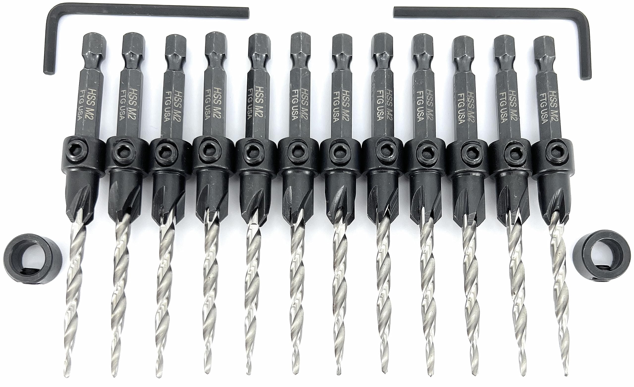FTG USA Juego de 12 brocas avellanadas #8 (11/64 pulgadas) con cuello de tope de profundidad, llave hexagonal, brocas cónicas para madera