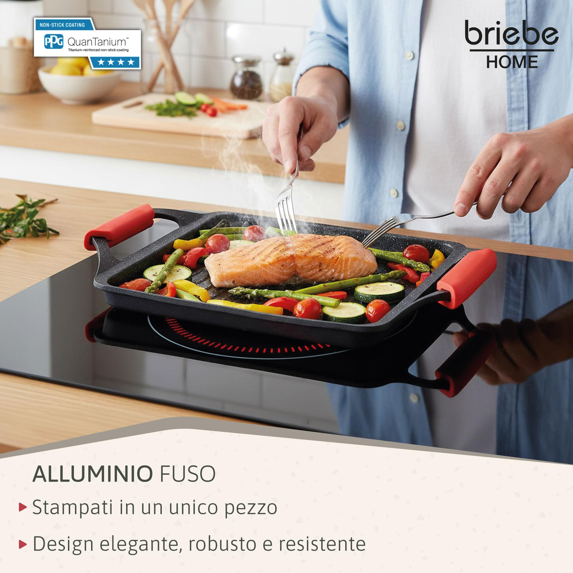 briebe Black Titanium Bistecchiera Induzione, Antiaderente Titanio, Alluminio Fuso, Padella Piastra Griglia 43x25cm, Rivestimento senza PFOA, Manici in Silicone, Vitroceramica, Gas, Forno