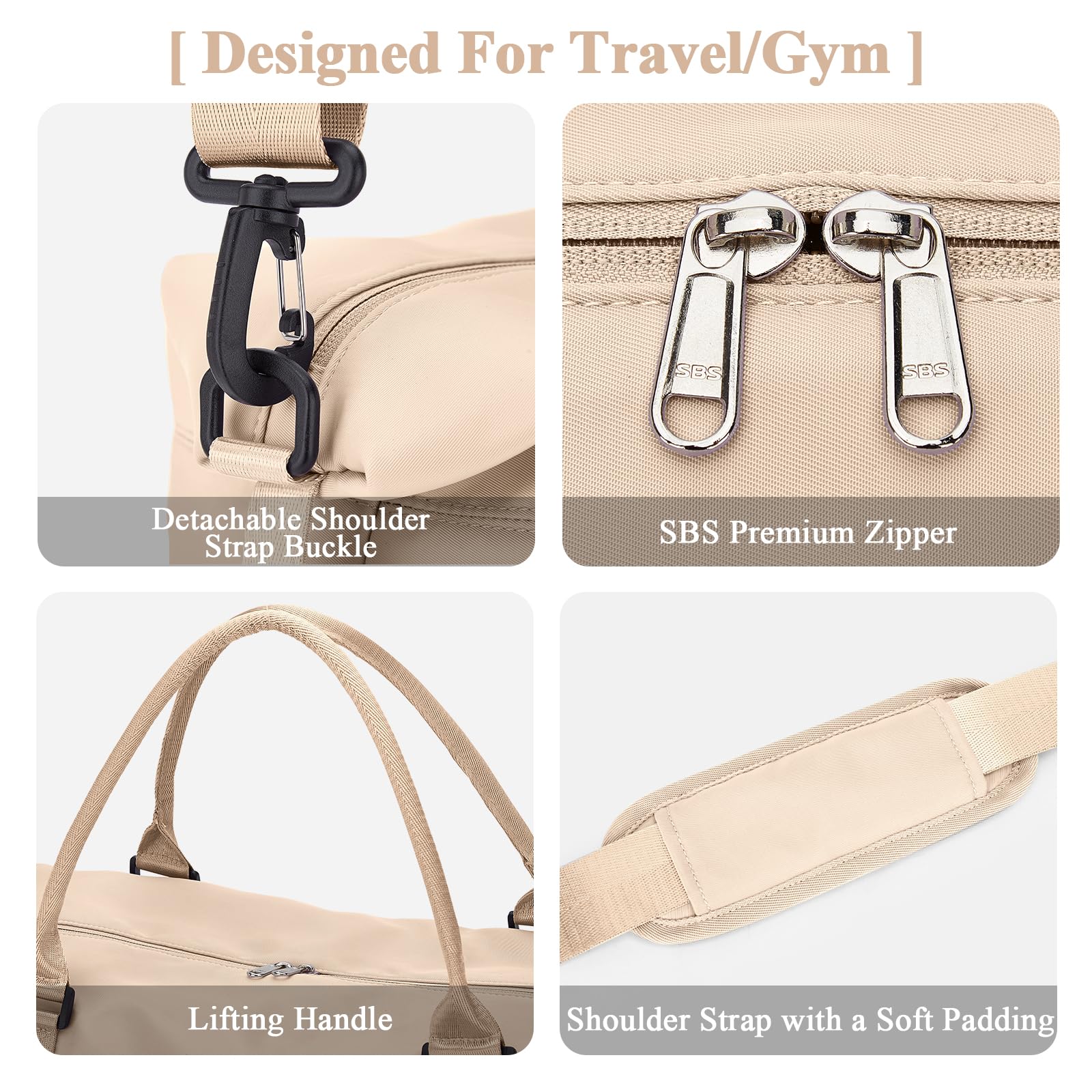 Borsone da Viaggio Donna, Bagaglio a Mano Borsa da Viaggio con Scomparto per le Scarpe, Borsa Sportiva Borsone da Palestra Grande, Borsa da Weekend, Borsa per Ospedale,A5 beige