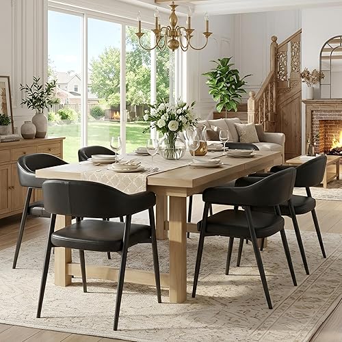 Miniatura 14 de HNY Juego de 6 sillas modernas de comedor con brazos, sillas de comedor de barril tapizadas en piel sintética retro con brazos, silla de acento