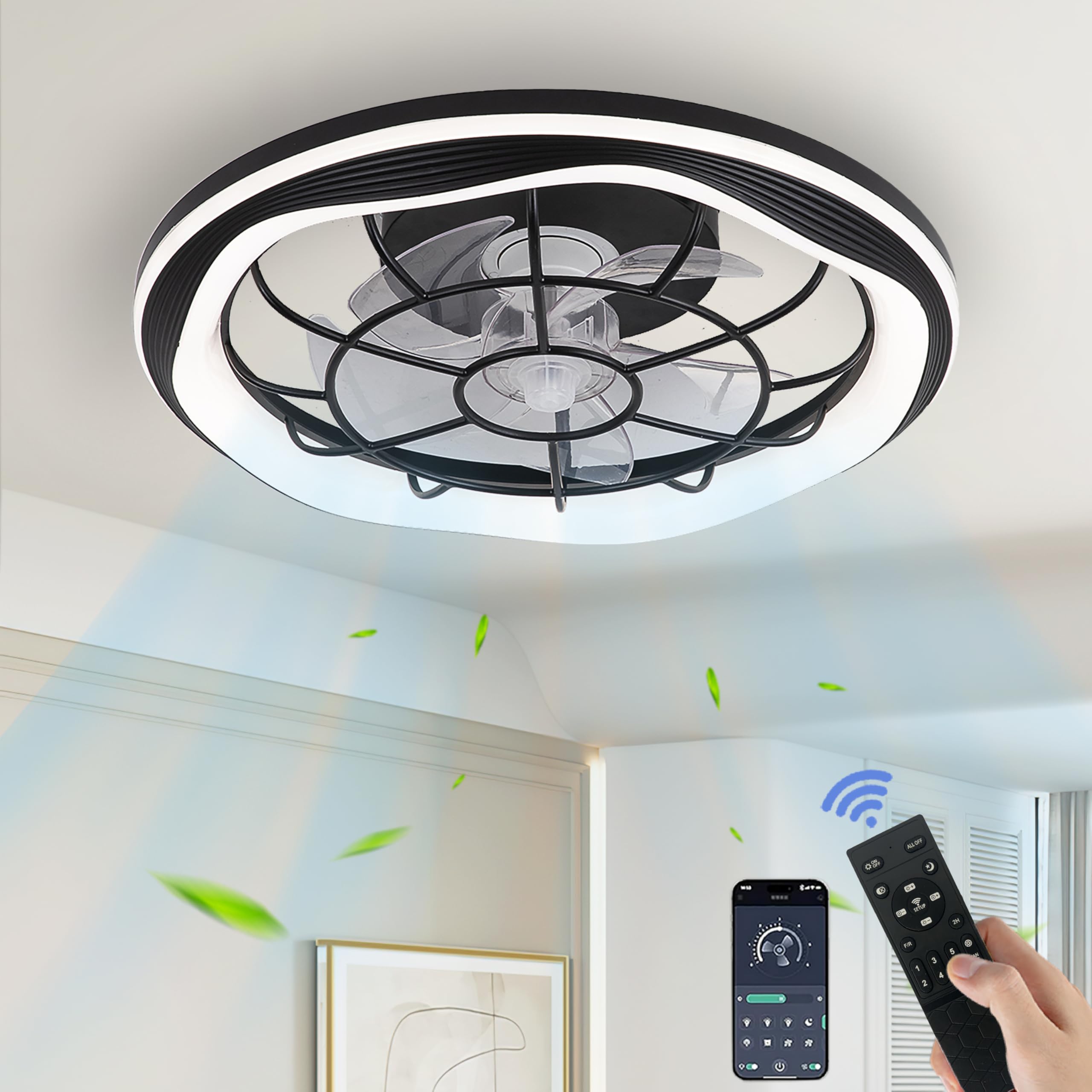Leiser Deckenventilator mit Beleuchtung Schwarz, 50cm Deckenleuchte mit Ventilator, LED Deckenlampe mit Ventilator, Fernbedienung/APP, 6 Windstufen, 3 Farbtemperaturen, für Schlafzimmer Wohnzimmer
