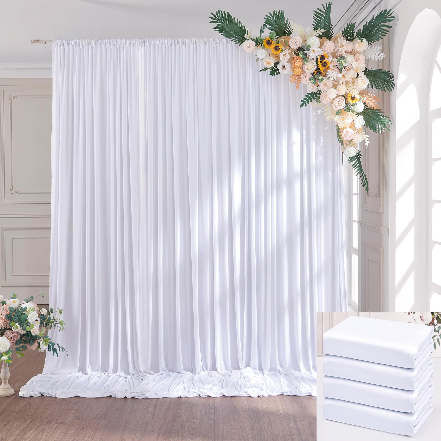 6×3 m Weiß Hochzeit Hintergrund Vorhang, 4 Platten 1,5×3m Faltenfreie Seide Polyester Weißer Fotowand Hintergrund Fotografie, Geburtstag Party Babydusche Deko Kulissen Hintergründe Vorhänge