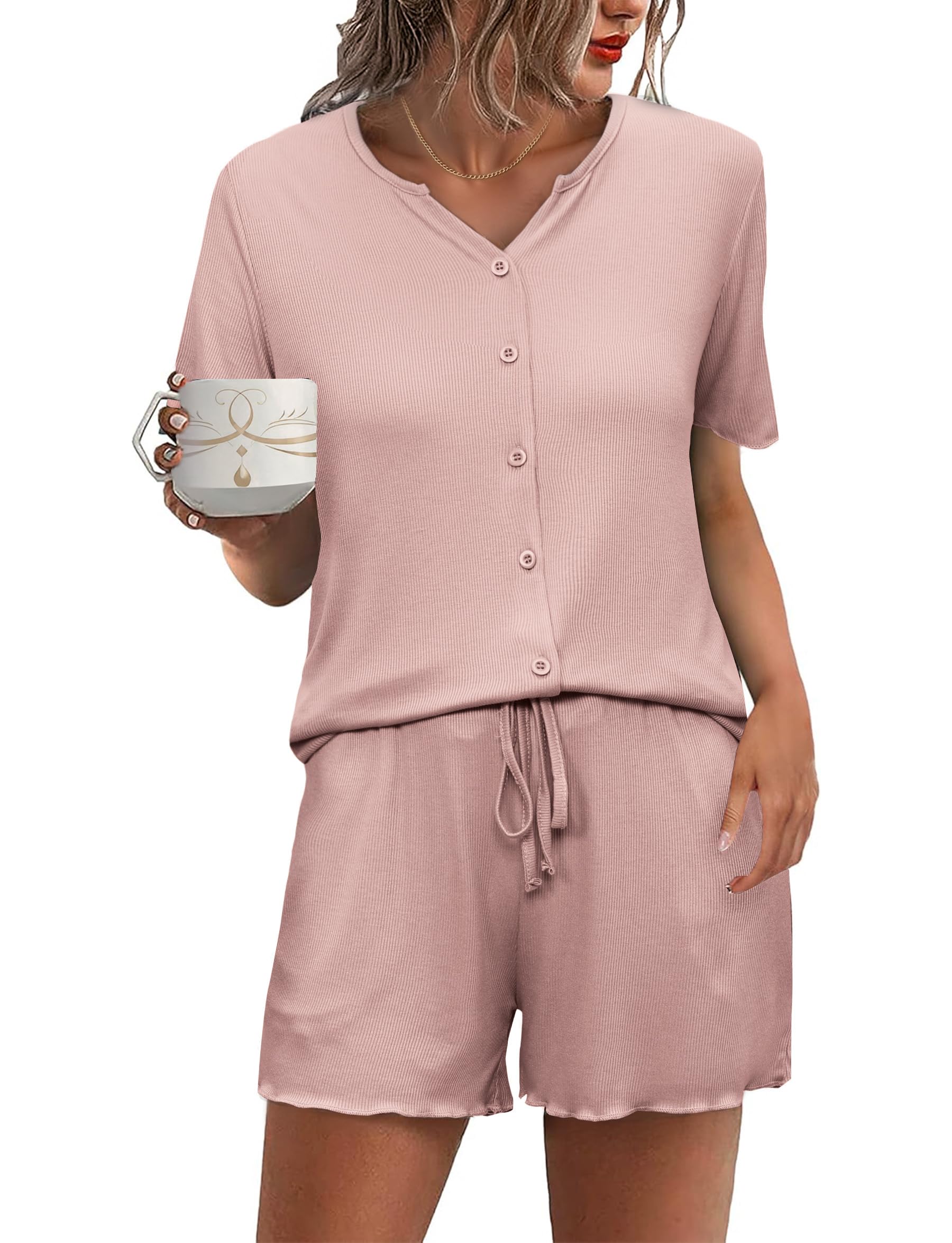 Demegimi Pigiama da Donna Cotone Estivo Corti Set Pigiama con Bottoni Donna Pigiami con Scollo a V Casual da Casa Morbido e Confortevole