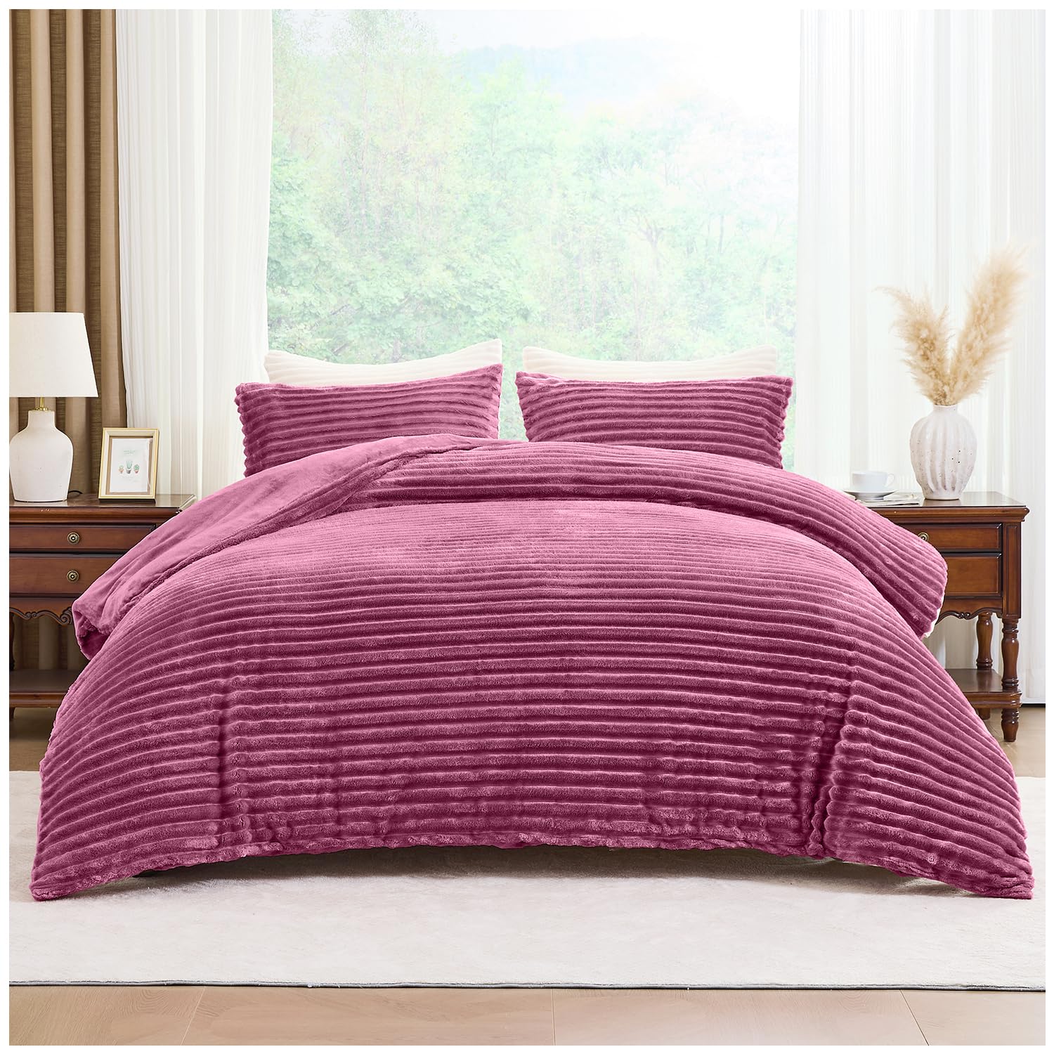 GC GAVENO CAVAILIA Ribbed Fleece Duvet Cover Single | Thermal Warm Polyester Single Duvet Cover Set With Pillow Case | Washable Cozy Fluffy Quilt Cover Winter Bedding Set 135x200 Cm, Winter Berry