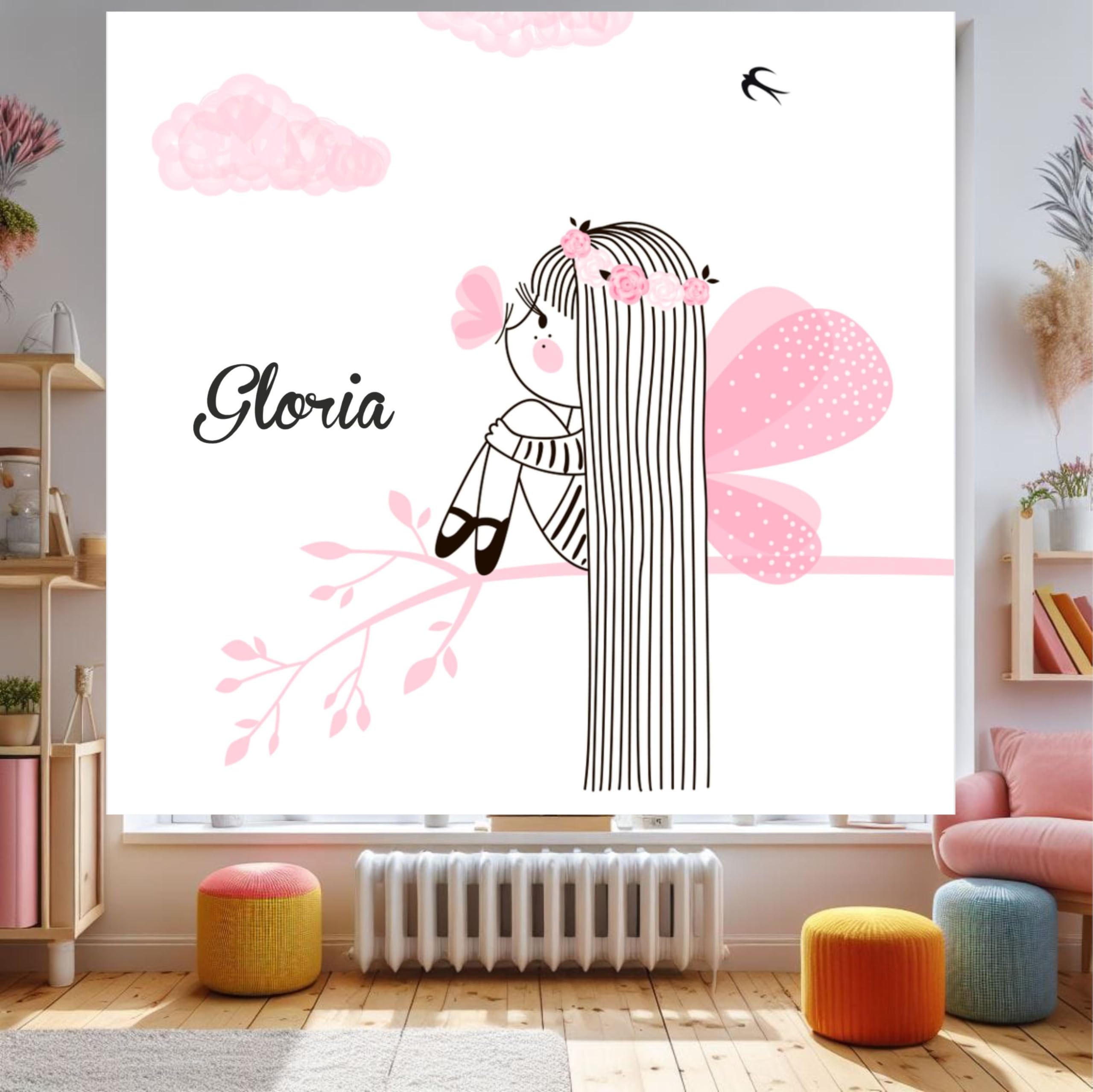 Estor enrollable infantil niña personalizado con nombre | Hada en nubes rosa para niña | Cortina enrollable translúcida premium | Habitación bebé o juvenil chicas (40x60)
