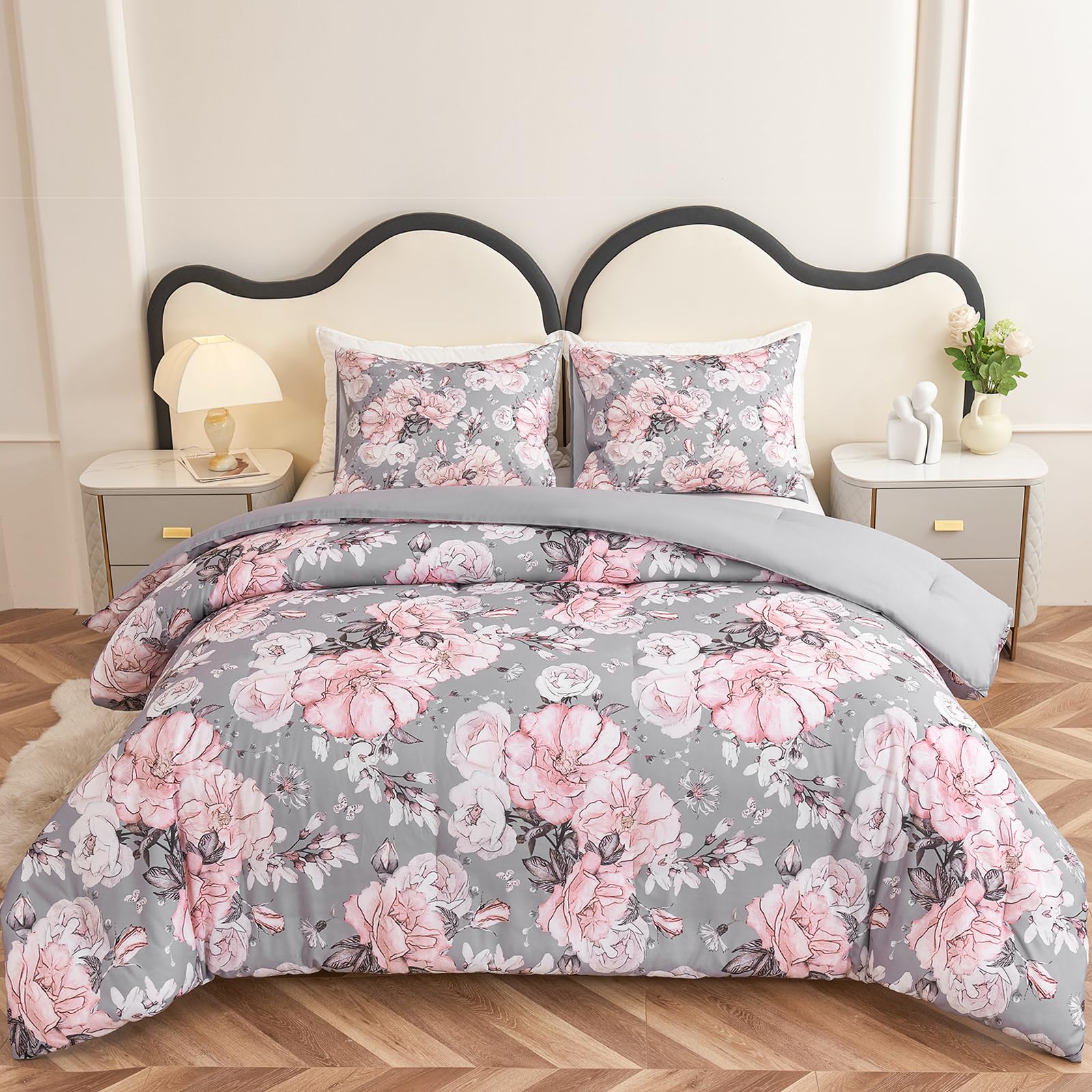 Koniroom 3 Pieces Pink and Grey Comforter Set King Size, Floral Bedding Sets King with Pink Cute Flowers Pattern Printing, Reversible All Season Comforter with 2 Pillow Shams
