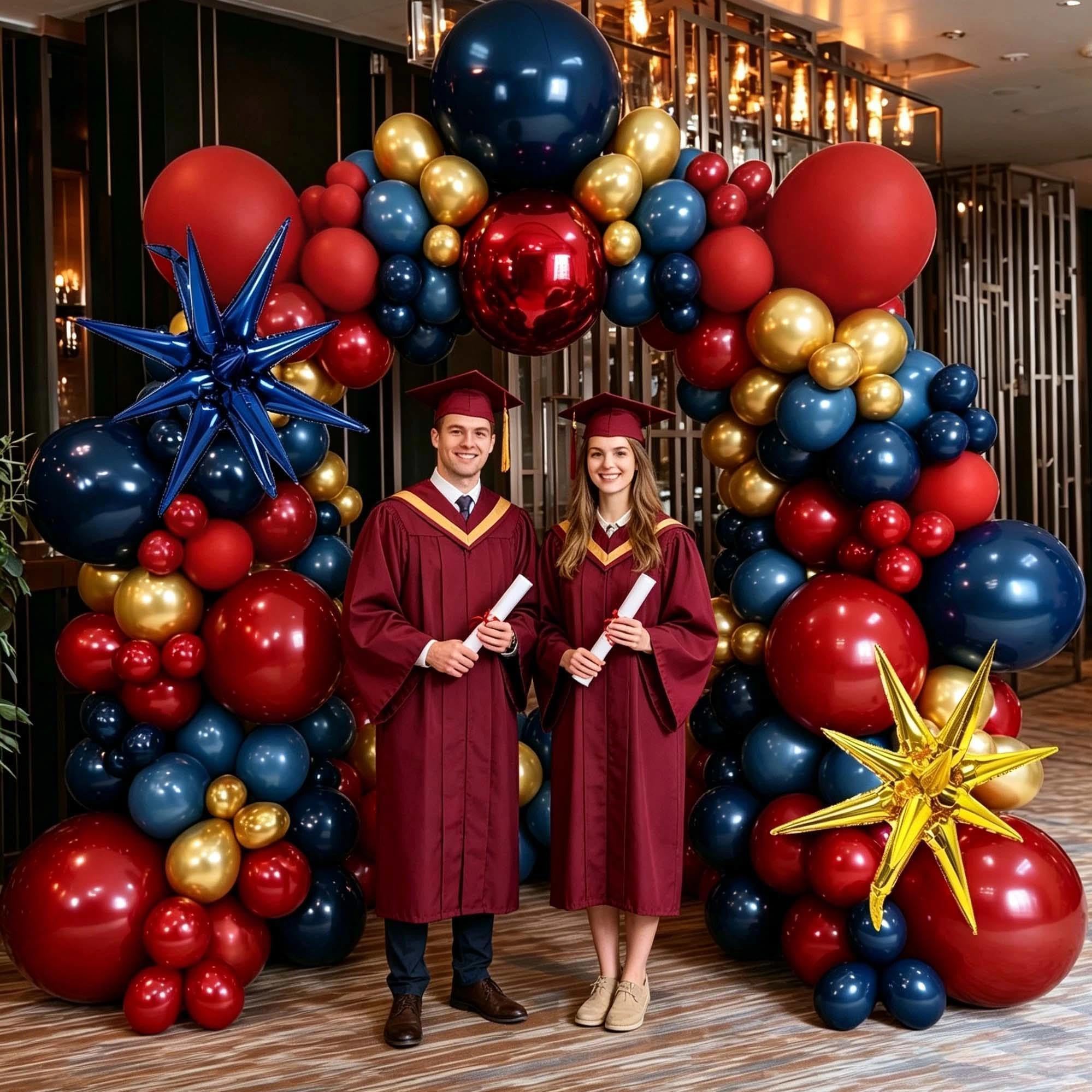 Kit de arco de globos rojo, azul y dorado, doble relleno, rojo oscuro, azul marino, borgoña, dorado, guirnalda de globos de estrella para cumpleaños, graduación, aniversario, boda, decoración