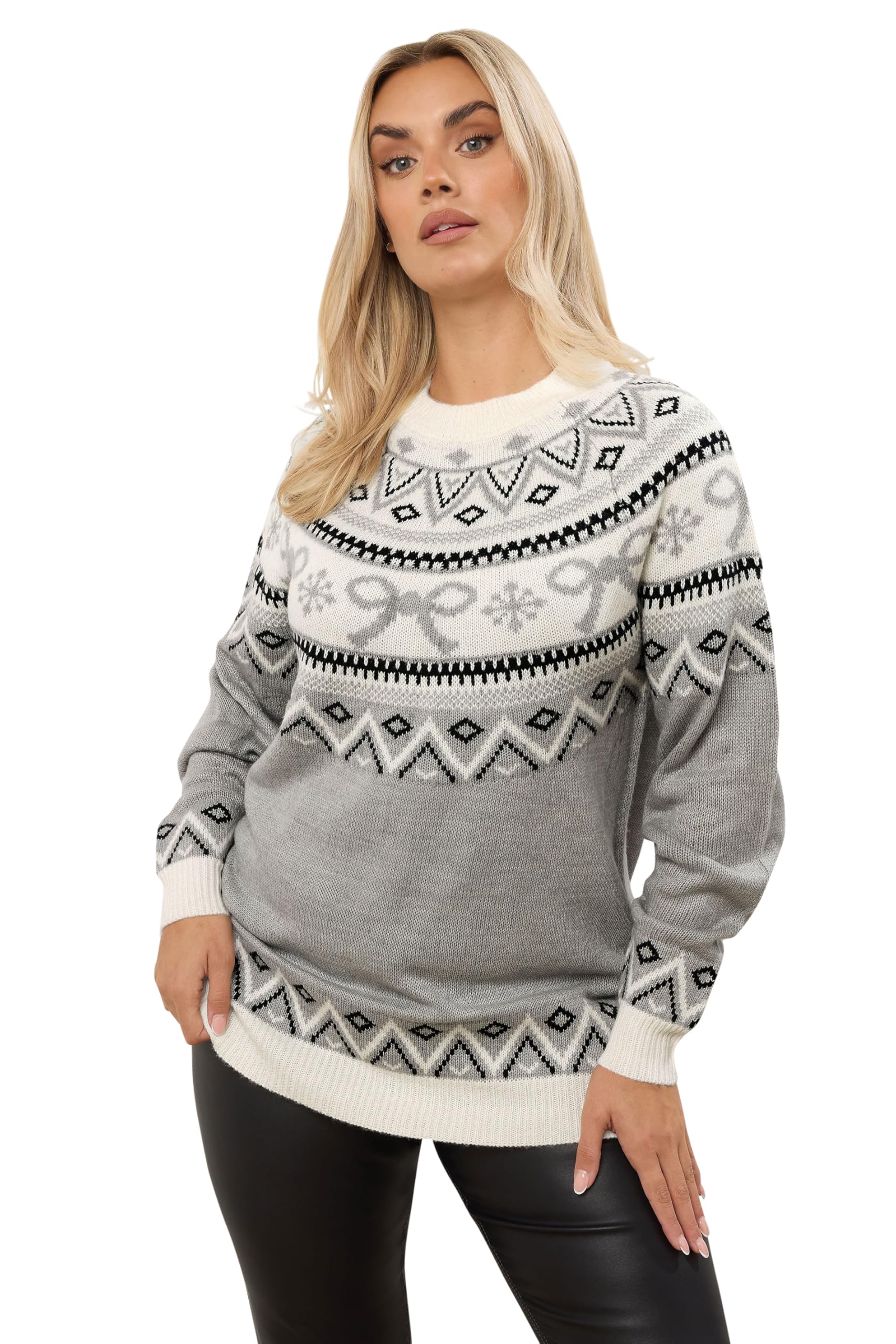 Yours Women's Grey Curve Fairisle Bow Jumper - Plus Size Curve