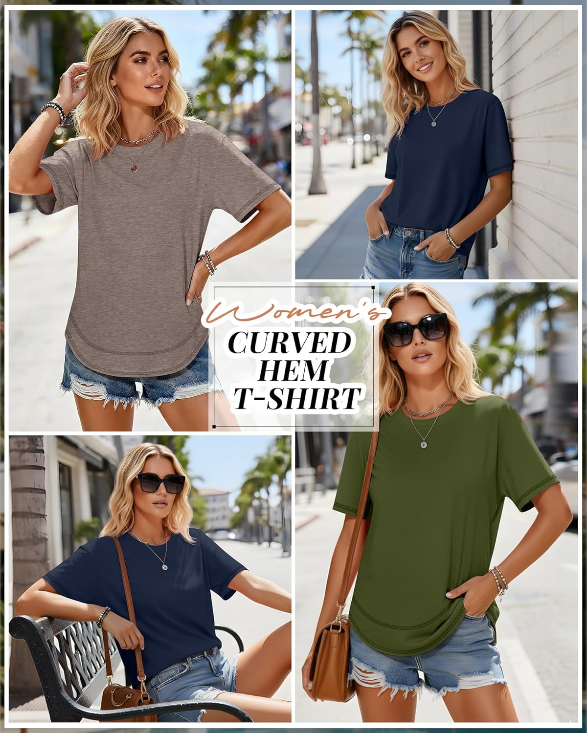 Ficerd 3 Pack Women's Short Sleeve T-Shirts, Loose Fit Crew Neck Tunic Tops Casual Solid Basic Tee Shirts Curved Hem Blouses - Image 2