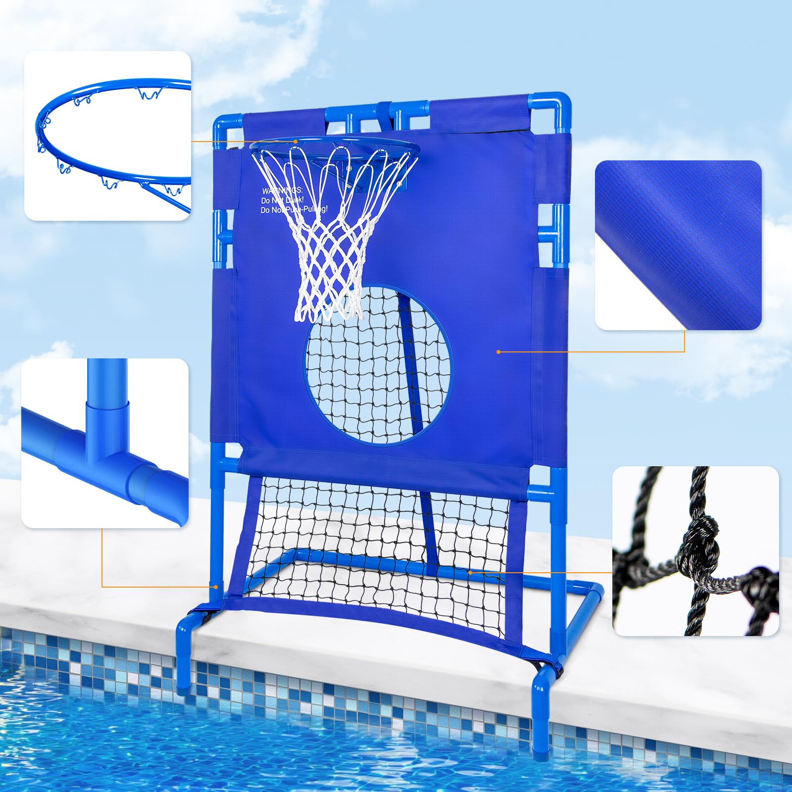 Pool Basketballkorb & Fußball Zielnetz 2 in 1 Set, für verschiedene lustige Spiele, 6 Bälle enthalten, beruhigen Sie Ihre Sommerparty