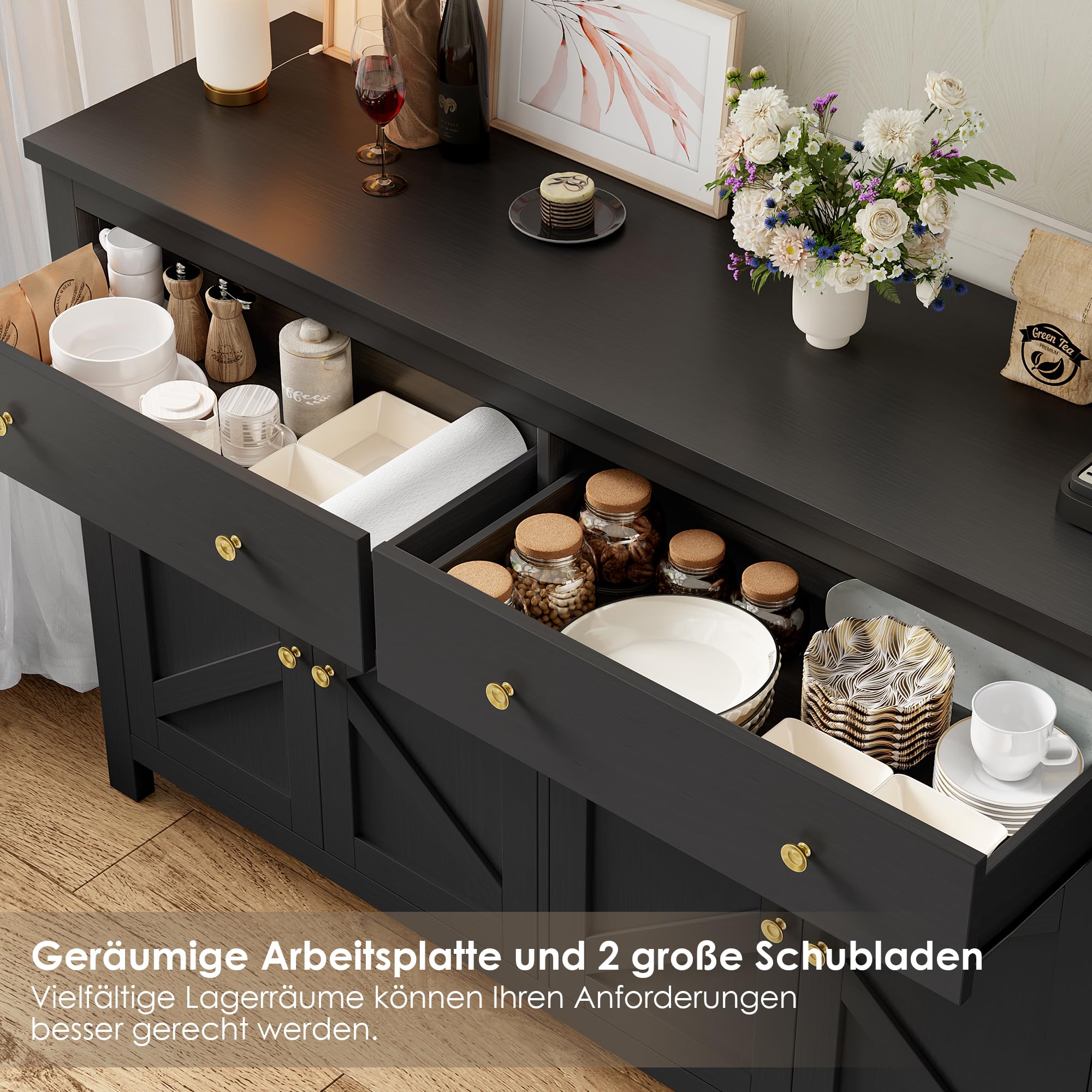 FirFurd Sideboard schwarz 140cm Breit Küchenschrank mit Arbeitsplatte Buffetschrank mit 2 Schubladen 4 Türen Küchenbuffet mit verstellbaren Ablagen für Wohnzimmer Küche Esszimmer 140x40x89 cm