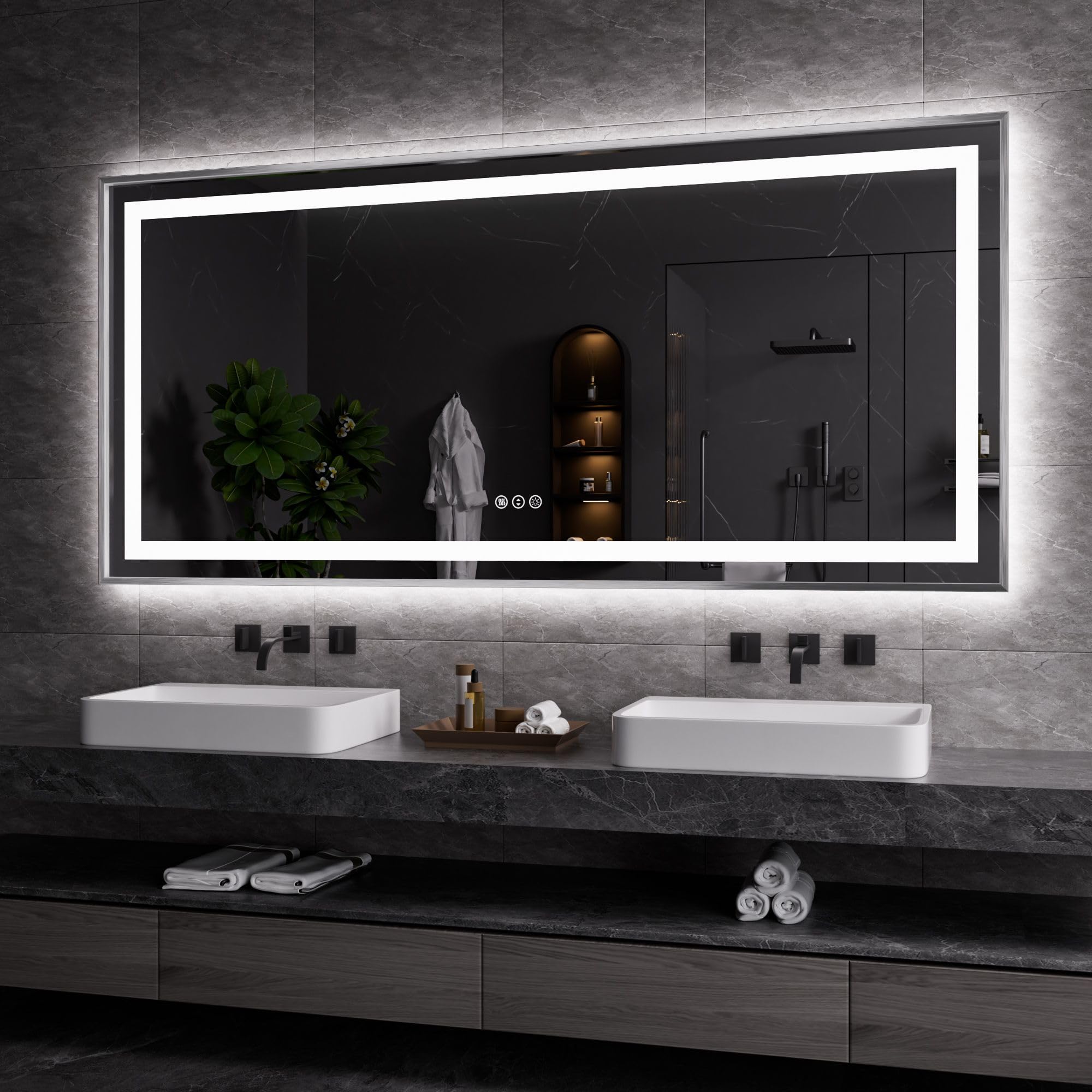 Amorho 77X36 LED Bathroom Mirror Brushed Nickel Framed Mirror with Front Light and Backlit Stepless Dimmable Anti-Fog Shatter-Proof