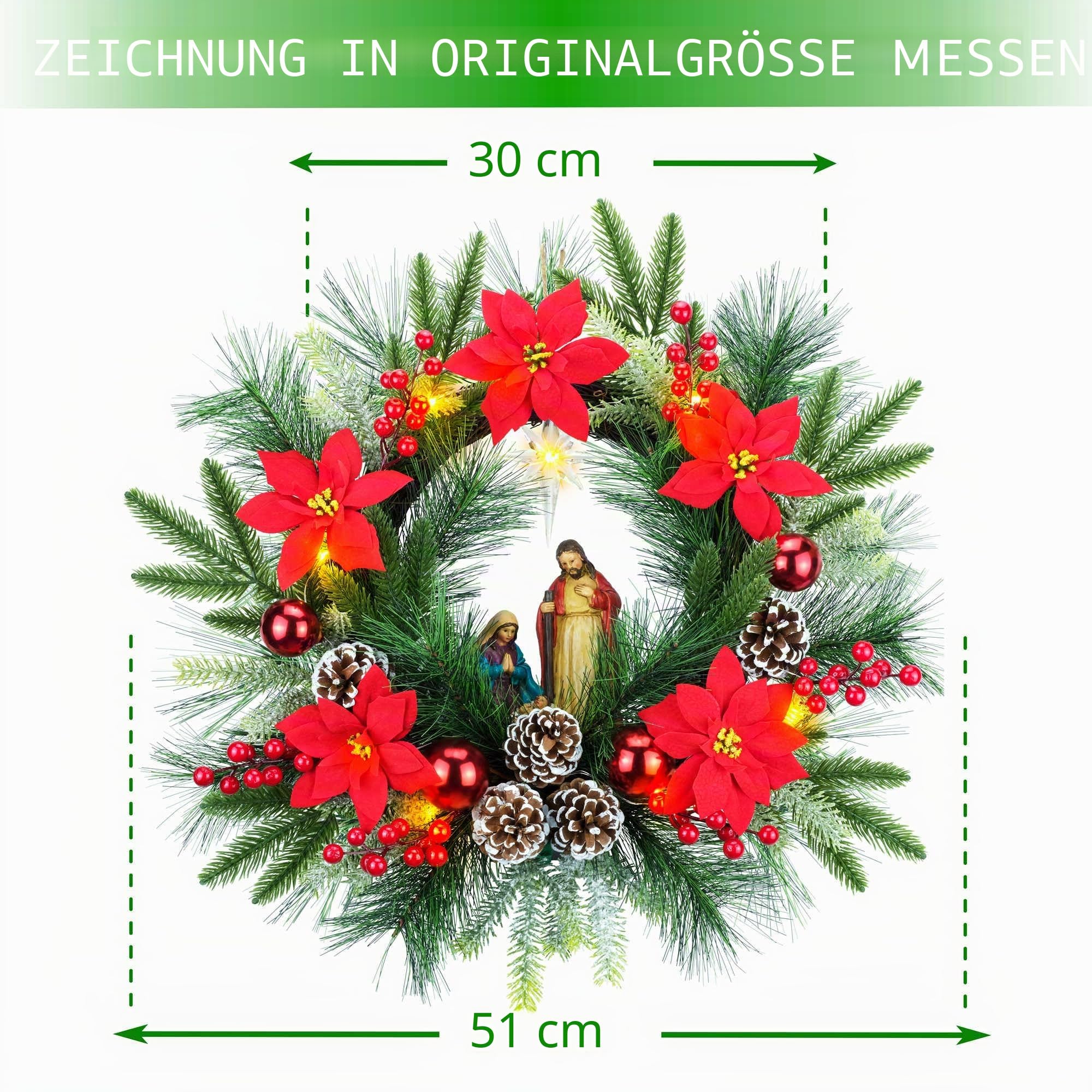 YULETIME 50,8 cm großer Weihnachtskranz mit Beleuchtung, batteriebetrieben mit 10 Lichterketten, Weihnachtskranz (Nativity Poinsettia) | Krippenstatue der Heiligen Familie, Stern von Bethlehem, Tannenzapfen, roter Weihnachtsstern und Beeren, Tannennadeln
