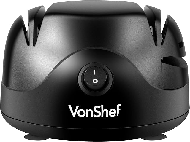 VonShef Electric Knife Sharpener  Scissor Sharpener with Screwdriver Groove, 60W, 2 Grinding Wheels, Auto-Retractable Cord & Non-Slip Feet  Black