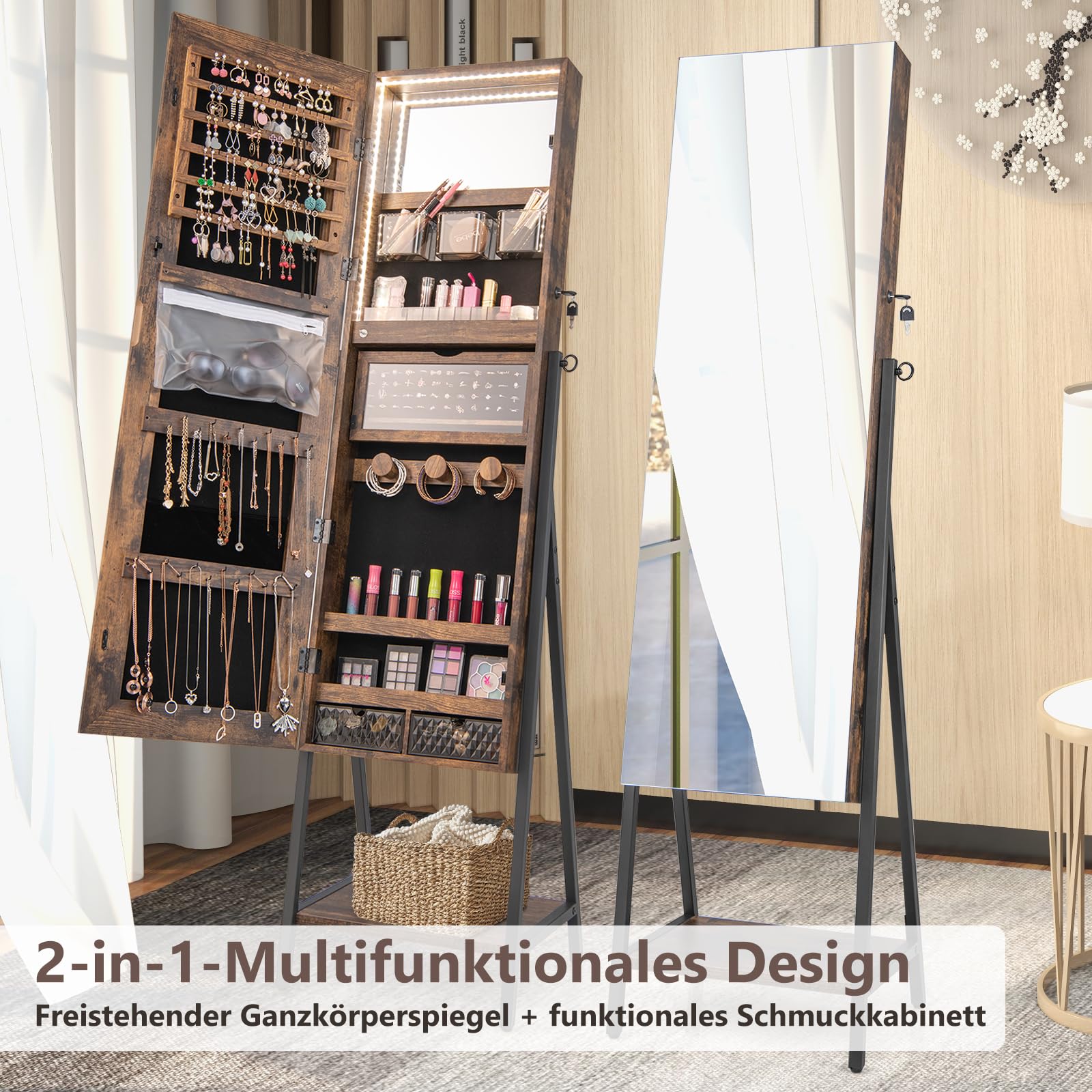 RELAX4LIFE Schmuckschrank Mit LED & Spiegel - Landhausstil Mit 2 Schubladen 120cm