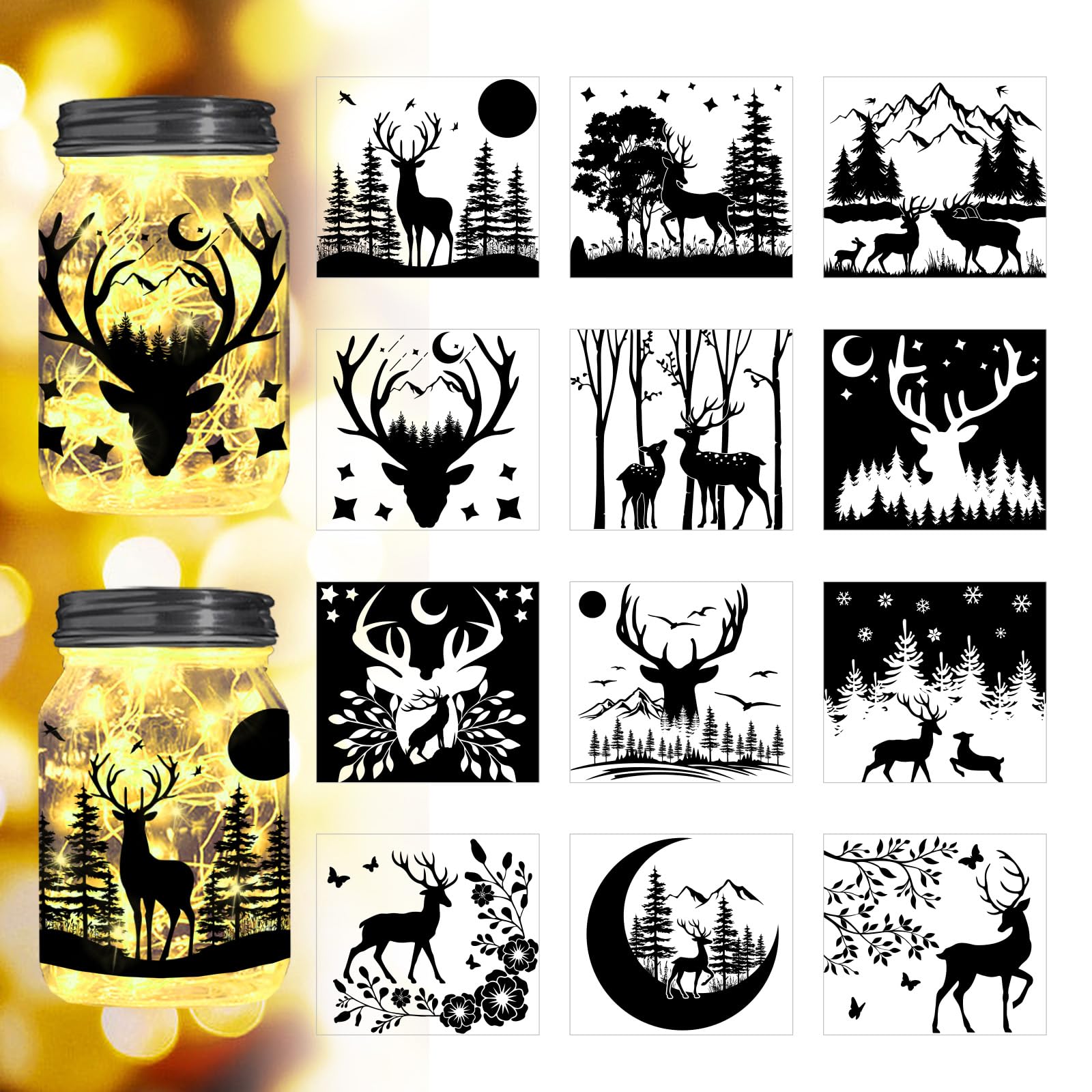 Peacoblue Fawn Silhouette Mason Jar Decor, Lantern Cutouts 12PCS