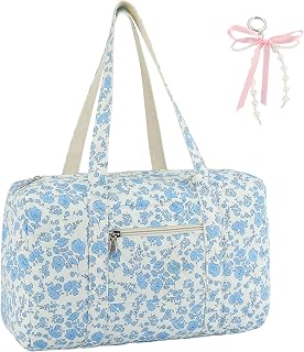 Coquette Bag with Ribbon Pearl Bow - Blue Floral Travel Bag,Quilted Duffle Bag for Women Girls,Coquette Tote Bag,Carry On Gym Bag,Overnight Weekend Bag for Travel Trip Work