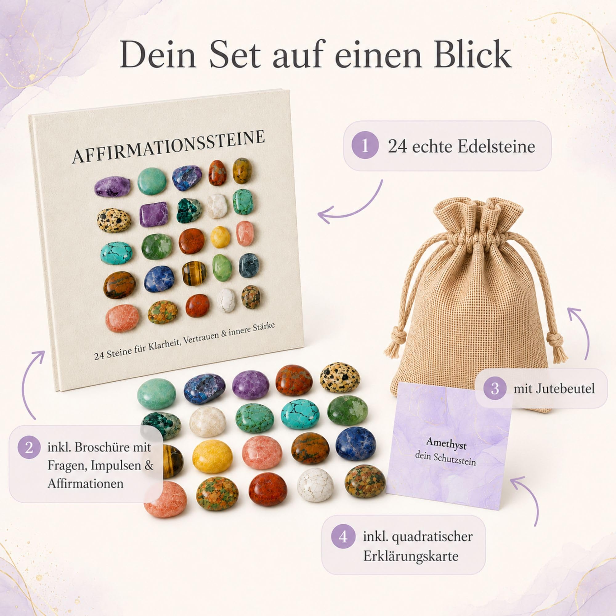 Milaboo Affirmationssteine Set – 24 Edelsteine mit Bedeutung & Karten – Geschenkset im Jutebeutel – Achtsamkeit, Motivation, innere Stärke – Geschenk für unterschiedliche Anlässe (24er Set 1)