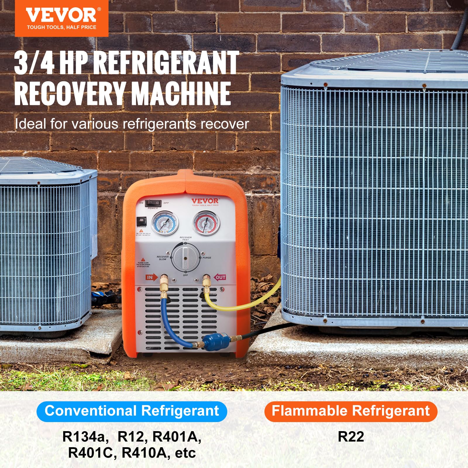 VEVOR Máquina de Recuperación de Refrigerante Portátil 3/4 HP Máquina de Recuperación con Protección de Alta Presión 2,2 kg/min Velocidad de 1450 RPM Autolimpieza para Vapor Líquido Refrigerante