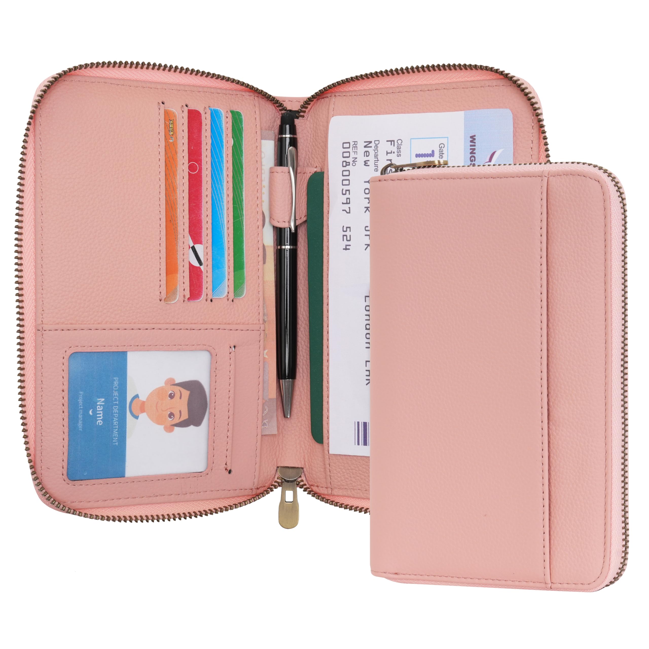 WASON Portefeuille Passeport de Voyage en Cuir avec Fermeture Éclair Protection RFID, Étui Passeport avec Compartiments pour Cartes, Argent, Pièce d'Identité, Carte d'Embarquement et Billets (Rose)