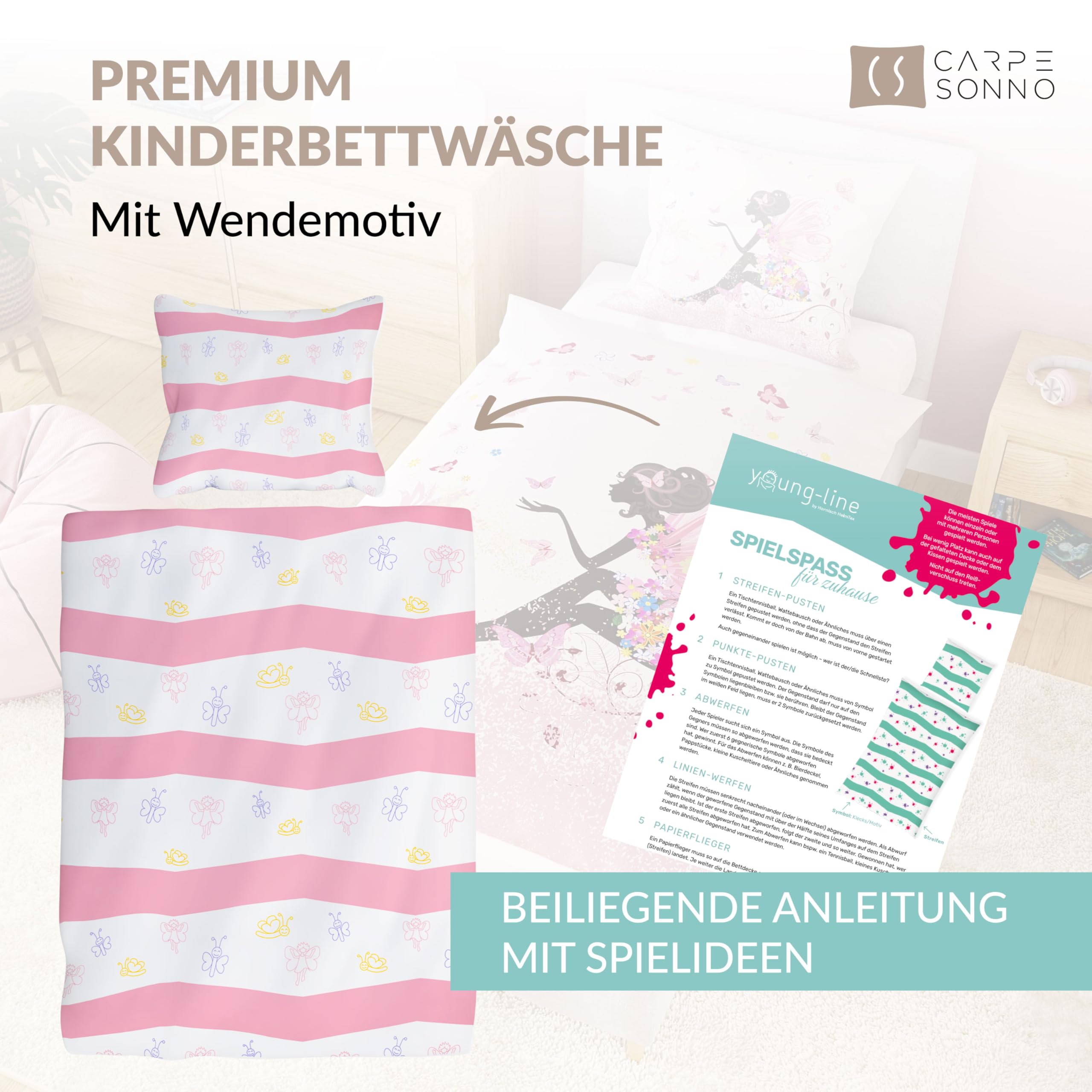 Carpe Sonno Kinder Bettwäsche 135x200 Kinder [Leuchtet im Dunkeln] Fee Motiv + 10 Spiele | 100% Baumwolle + Oeko-Tex 100 | Kinderbettwäsche Glow in The Dark | Schmetterling Bettwäsche Mädchen 135x200
