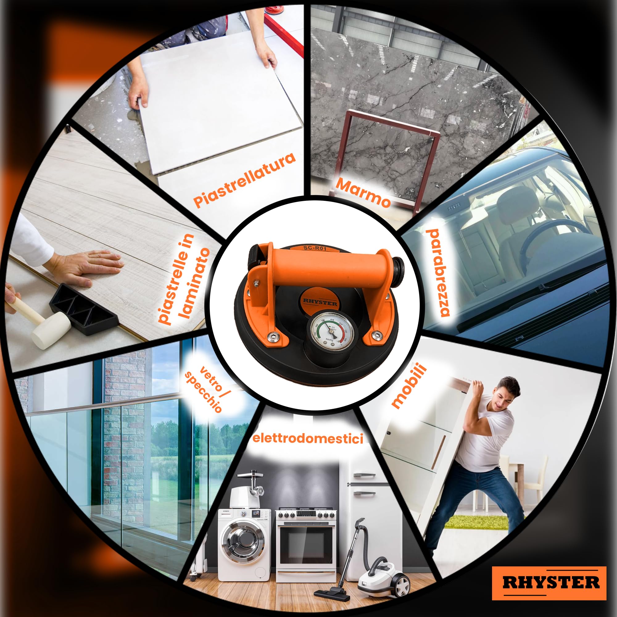 RHYSTER® 2 Ventose per Piastrelle con Manometro e Indicatore di Sicurezza, Diametro 200 mm, Supporto Fino a 300 kg, Ideale per Piastrelle, Vetri, Parabrezza, Mobili, Kit di Ricambio per Valvole