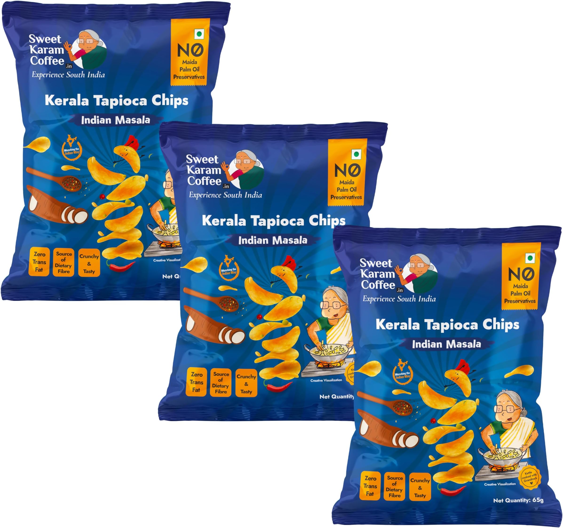 Sweet Karam Coffee Indian Masala Tapioca Chips – Pack of 3 (65g Each) | No Palm Oil or Preservatives | Spicy Kerala-Style Kappa Chips | Kettle Cooked Cassava Snack | Vegan & Crispy Namkeen