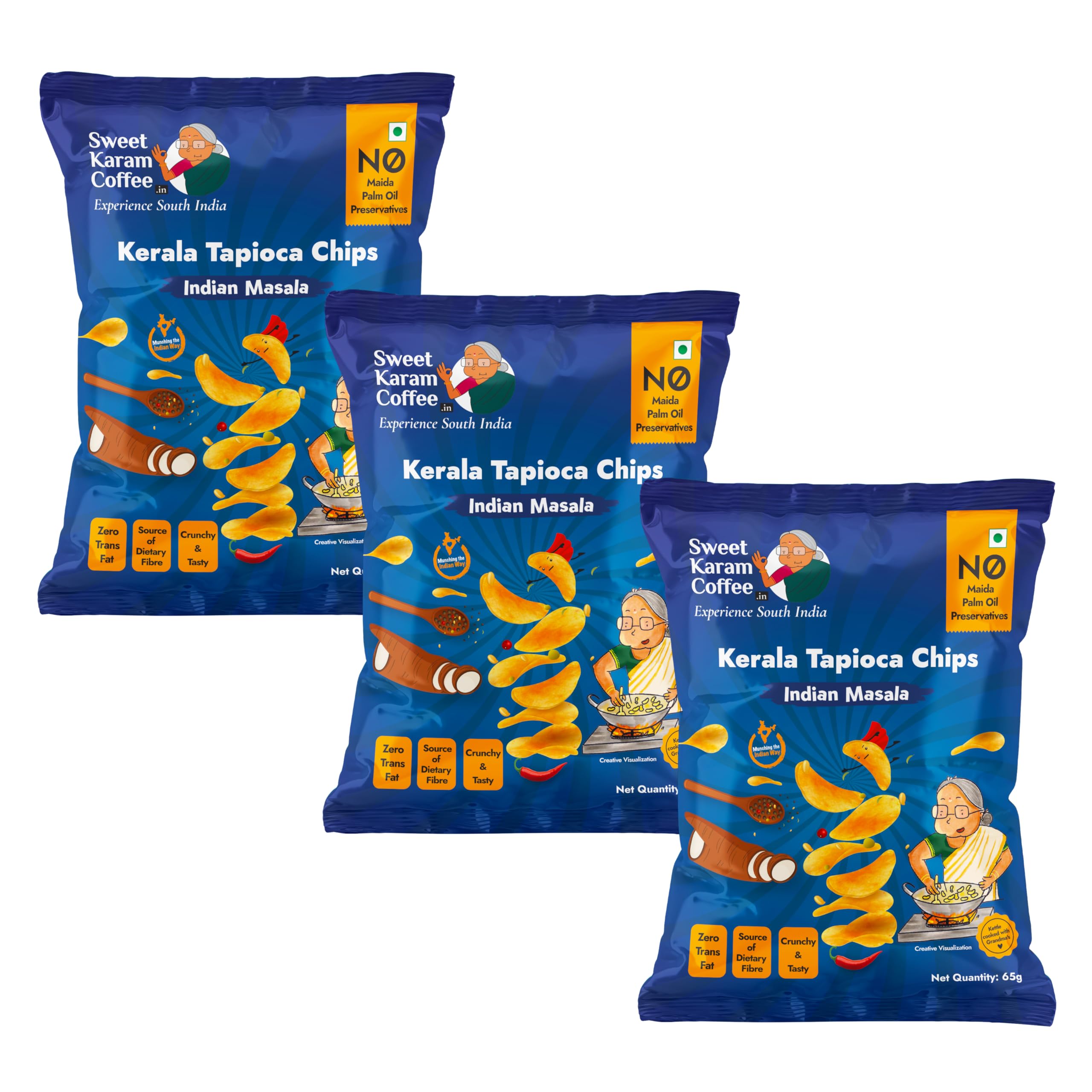 Indian Masala Tapioca Chips – Pack of 3 (65g Each) | No Palm Oil or Preservatives | Spicy Kerala-Style Kappa Chips | Kettle Cooked Cassava Snack | Vegan & Crispy Namkeen