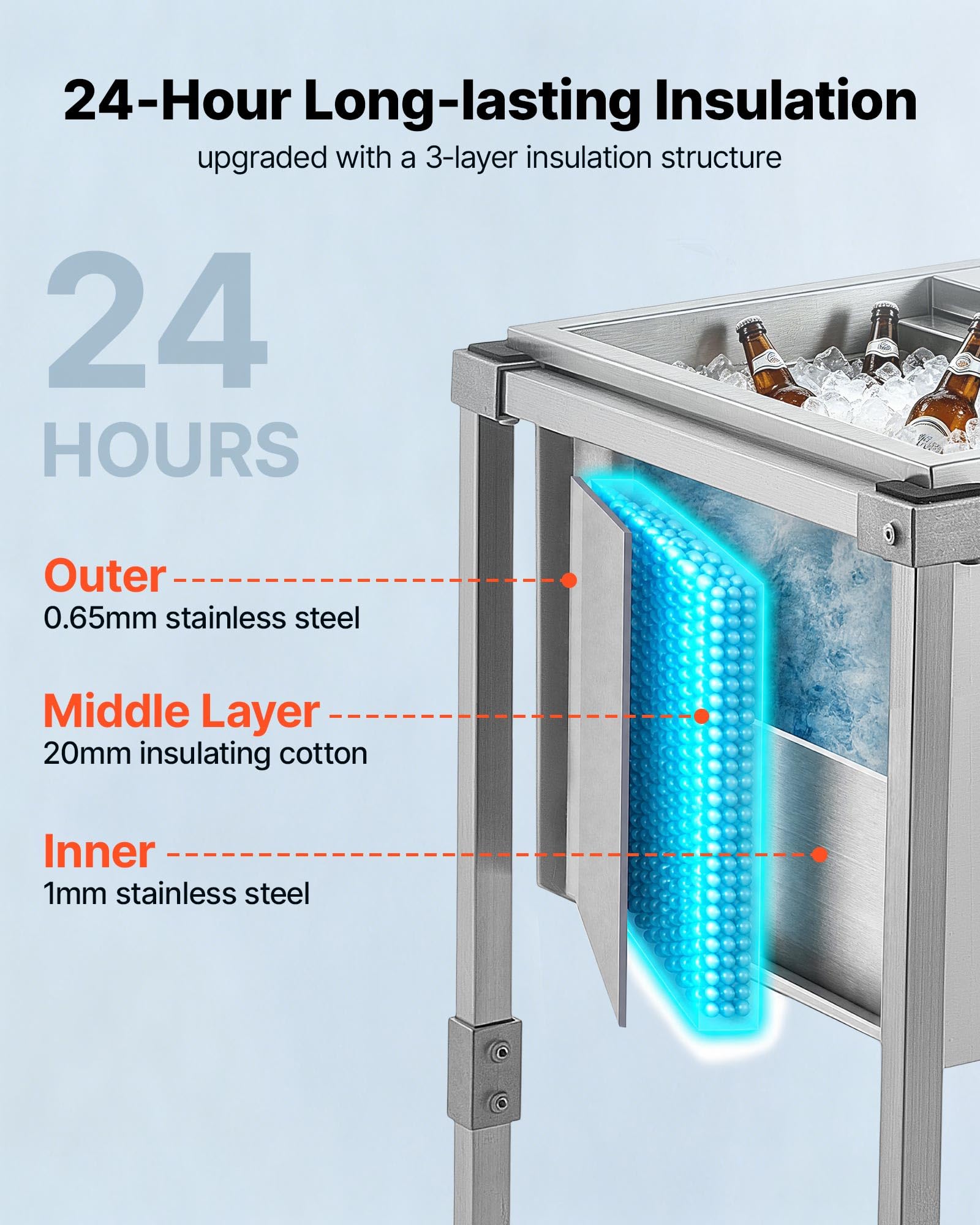 VEVOR Glacière à roulettes 42,4 L Refroidisseur de Boissons Mobile en INOX, pour Terrasse Restaurant Fête, Isolation Longue Durée sans Électricité, Desserte-glacière Passive Extérieur, Kit de Vidange