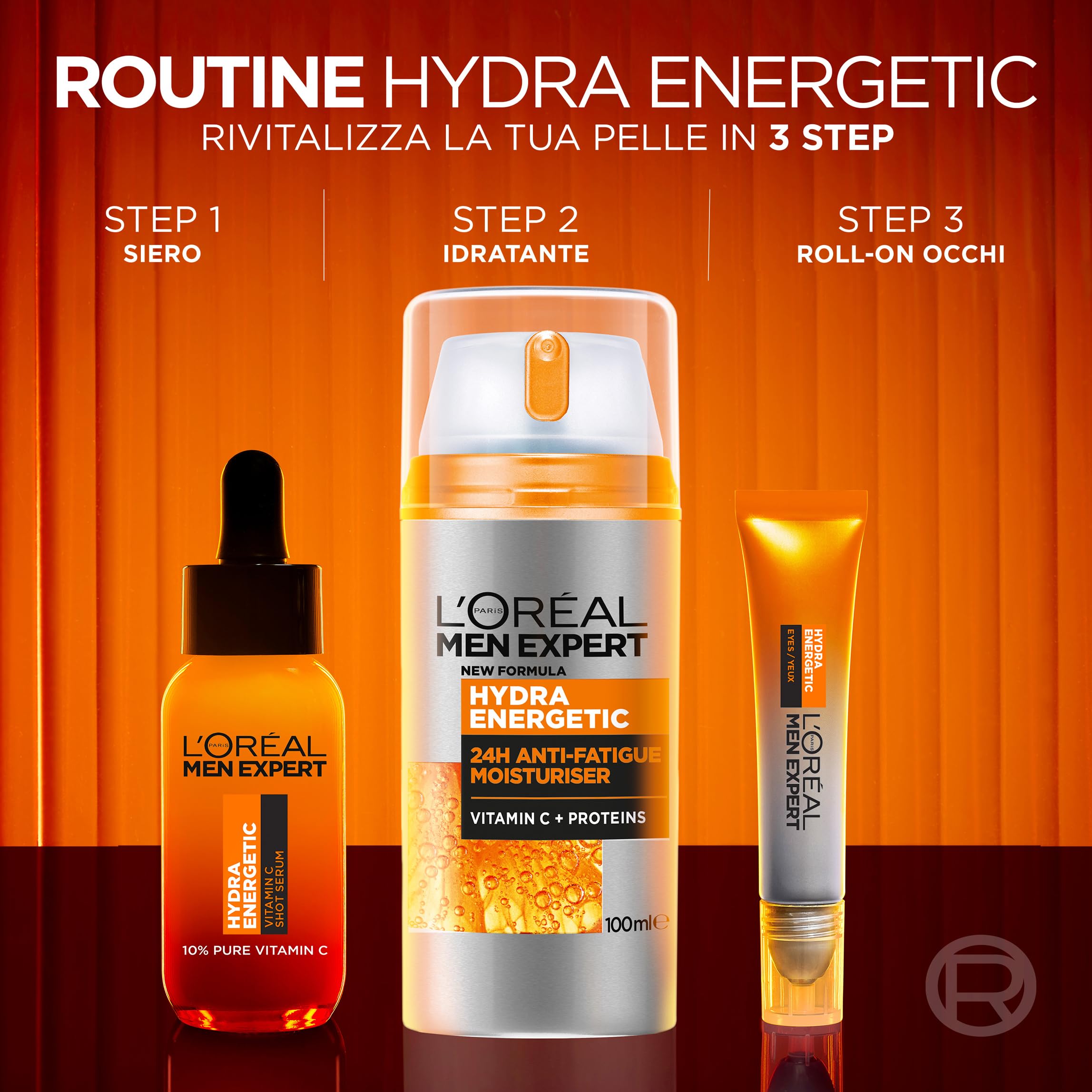 L'Oréal Paris Men Expert Crema Idratante Anti-Fatica Uomo, Pelle Rivitalizzata, Levigata e Idratata, Occhiaie e Rughe Sottili Ridotte, Arricchita con Proteine e Vitamina C, Hydra Energetic, 100 ml