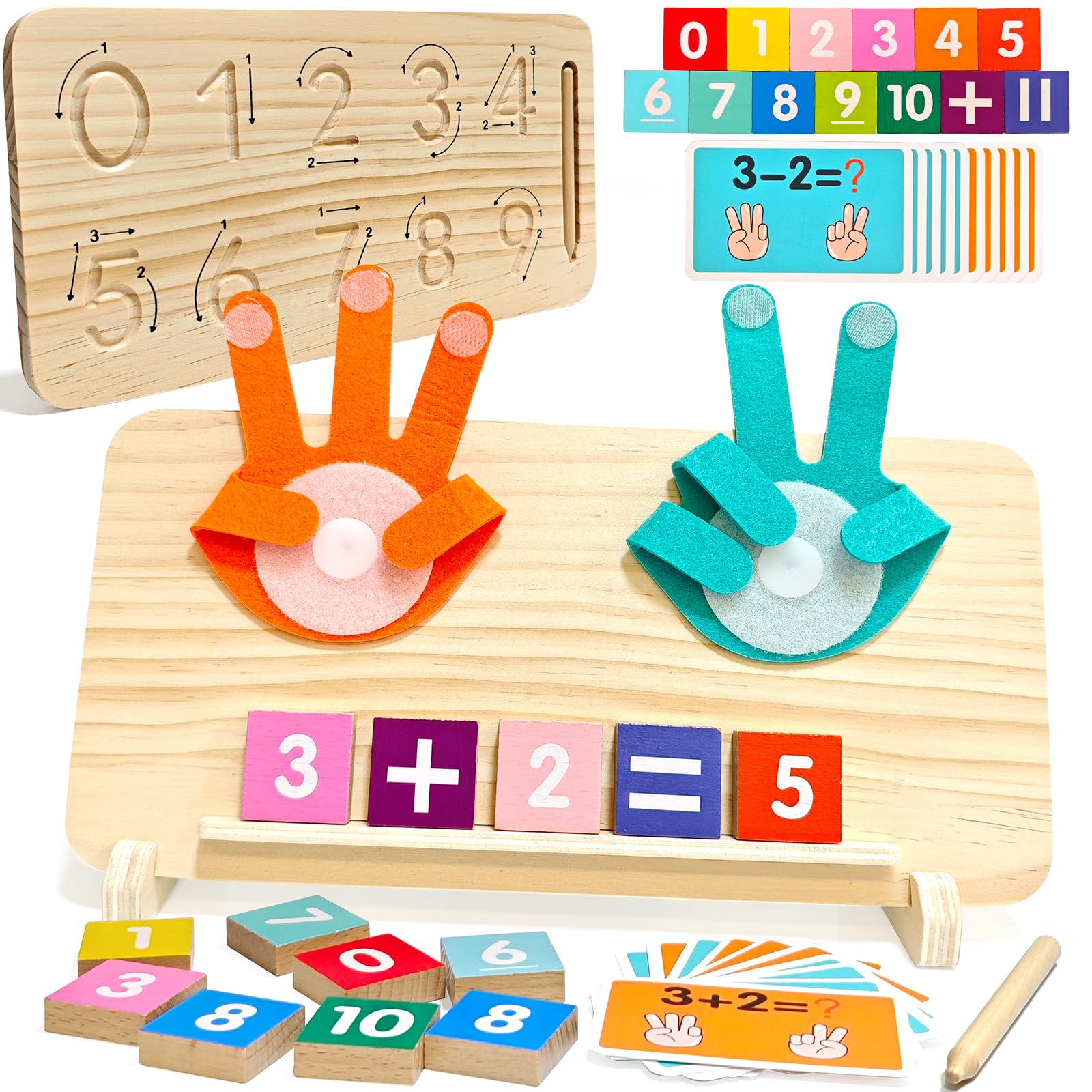 Montessori - Juguetes de aprendizaje para niños, 2 en 1 para conteo de dedos y tabla de rastreo de números, bloques de números coloridos, juguetes educativos de matemáticas Montessori para niños de 3